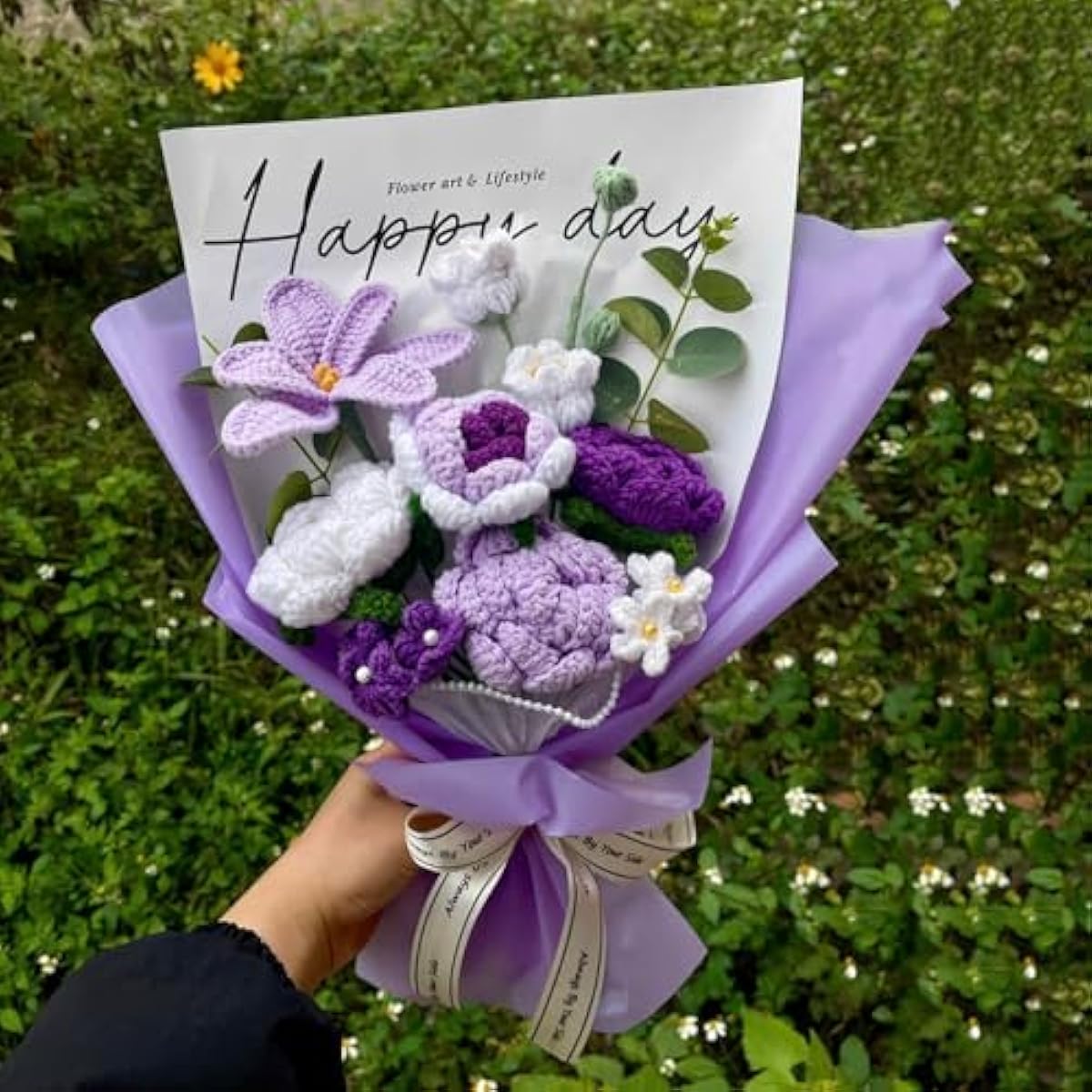 Completed Purple Crochet Flowers Bouquet, Handmade Knitted Bouquet, Crochet Artificial Flowers for Mother's Day Birthday, Wedding Home Decor, Gifts for Mom (Purple Tulip)