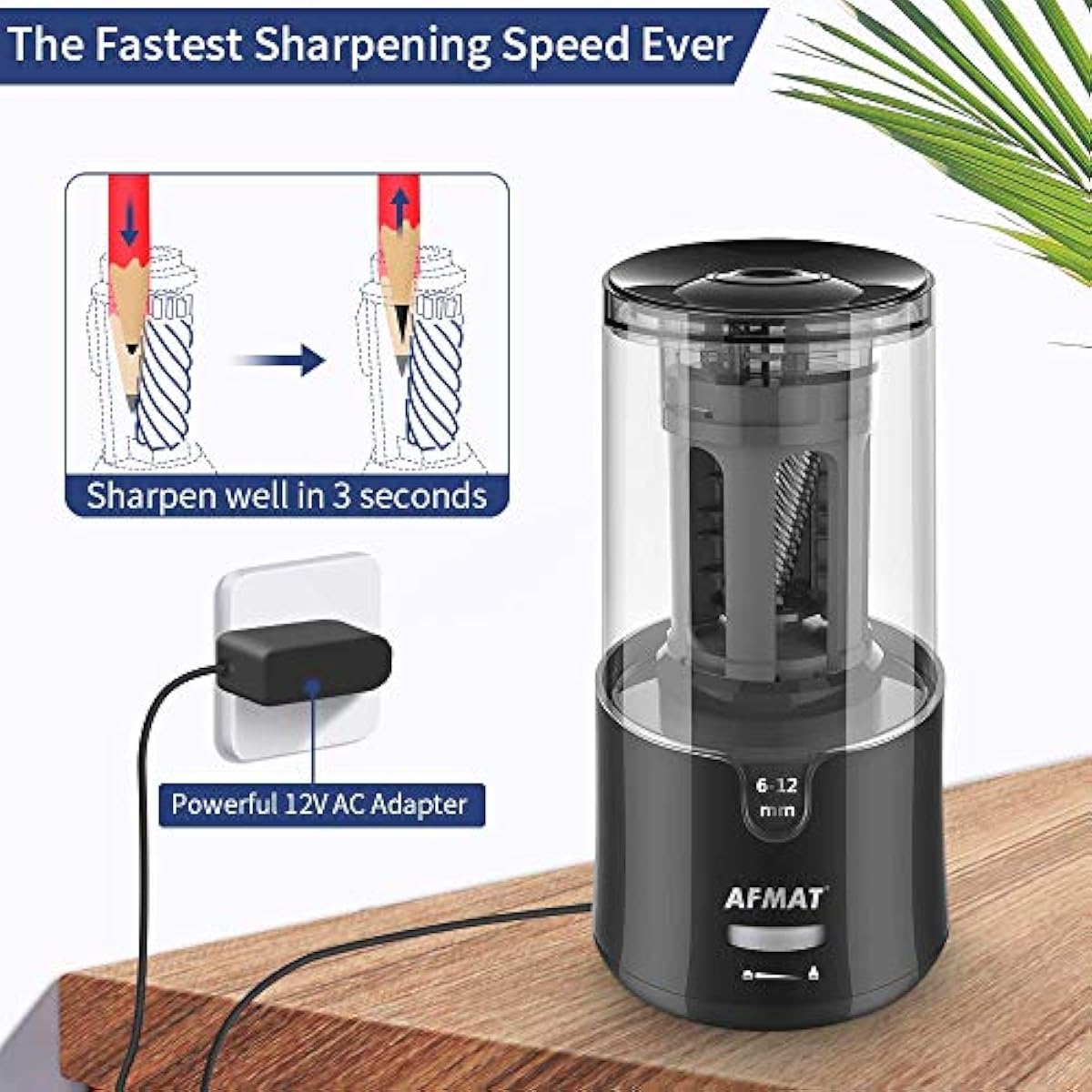 AFMAT Electric Pencil Sharpener - Auto Stop, Super Sharp & Fast, Plug in Pencil Sharpener for 6-12mm No.2/Colored Pencils - Classroom/Office/Home PS92