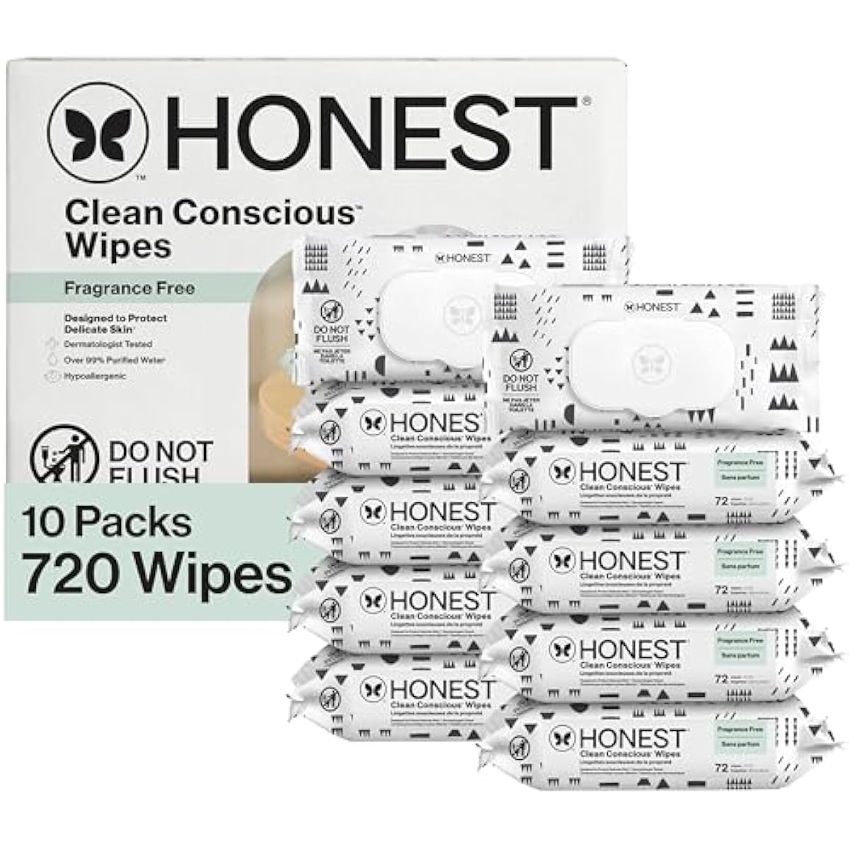 The Honest Company Baby Wipes for Sensitive Skin, Hypoallergenic, Fragrance-Free, Multi-Use, Pattern Play Design, 720 Count (8 Packs of 90)