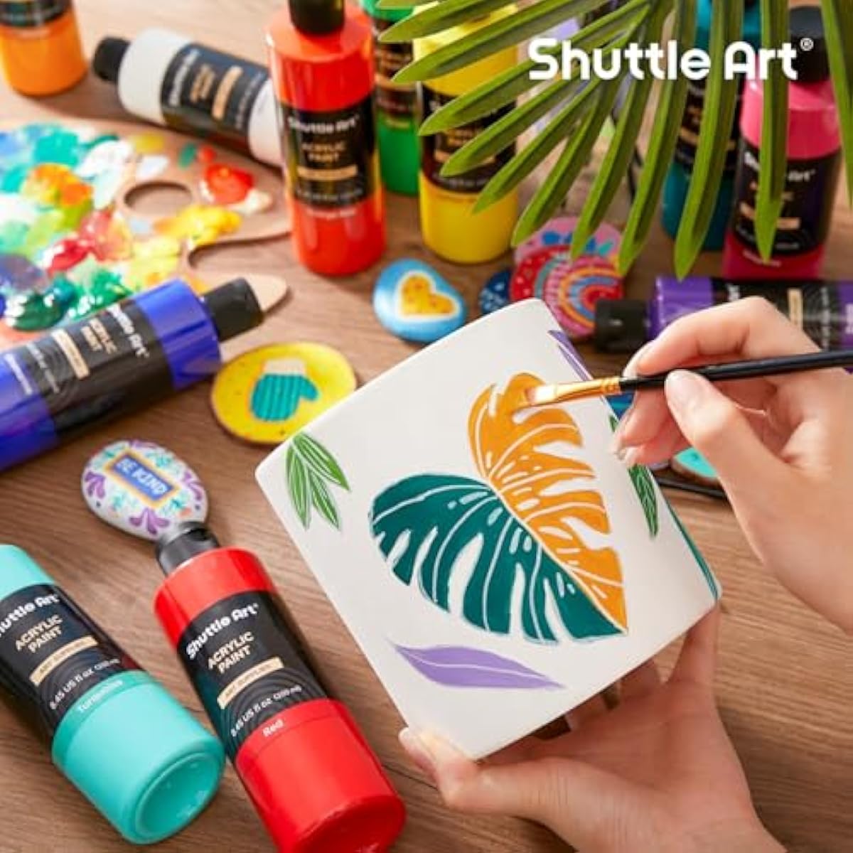 Shuttle Art 18 Colors Acrylic Paint Bottle Set (250ml/8.45oz), Rich Pigmented Bulk Painting Supplies for Artists, Beginners and Kids on Rocks Crafts Canvas Wood Ceramic