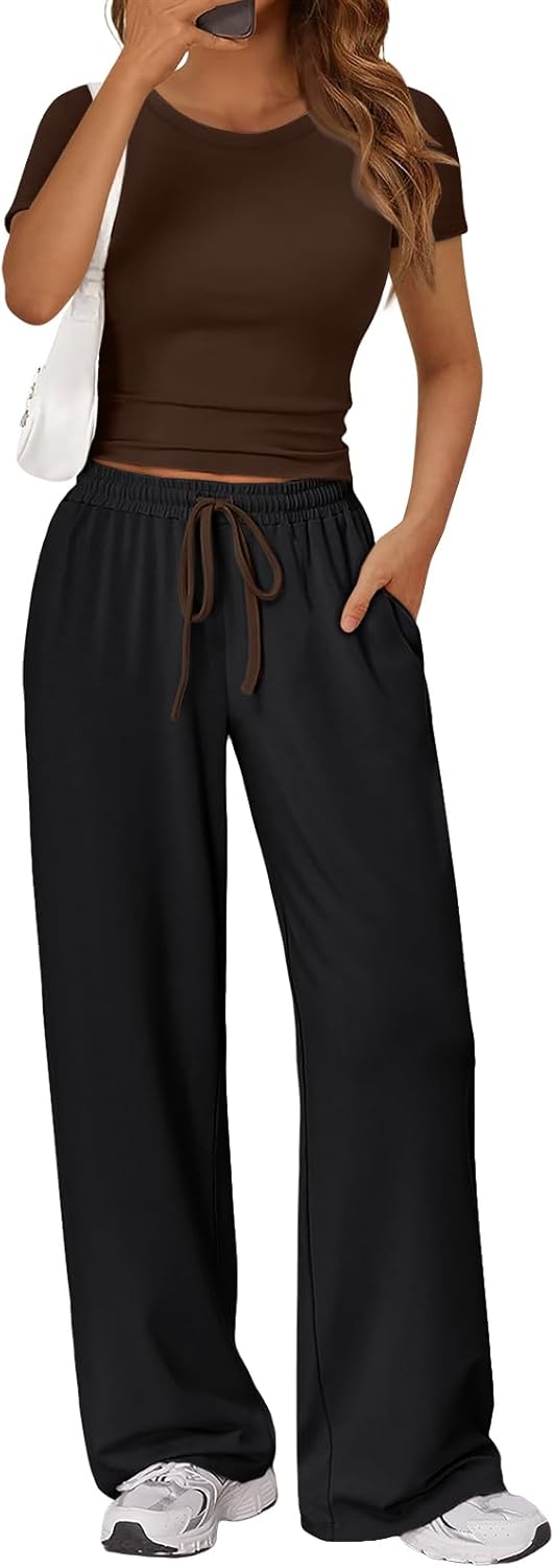 Trendy Queen 2 Piece Matching Summer Sweatsuit Lounge Set Womens Wide Leg Pants Side Ruching Crop Top Sets