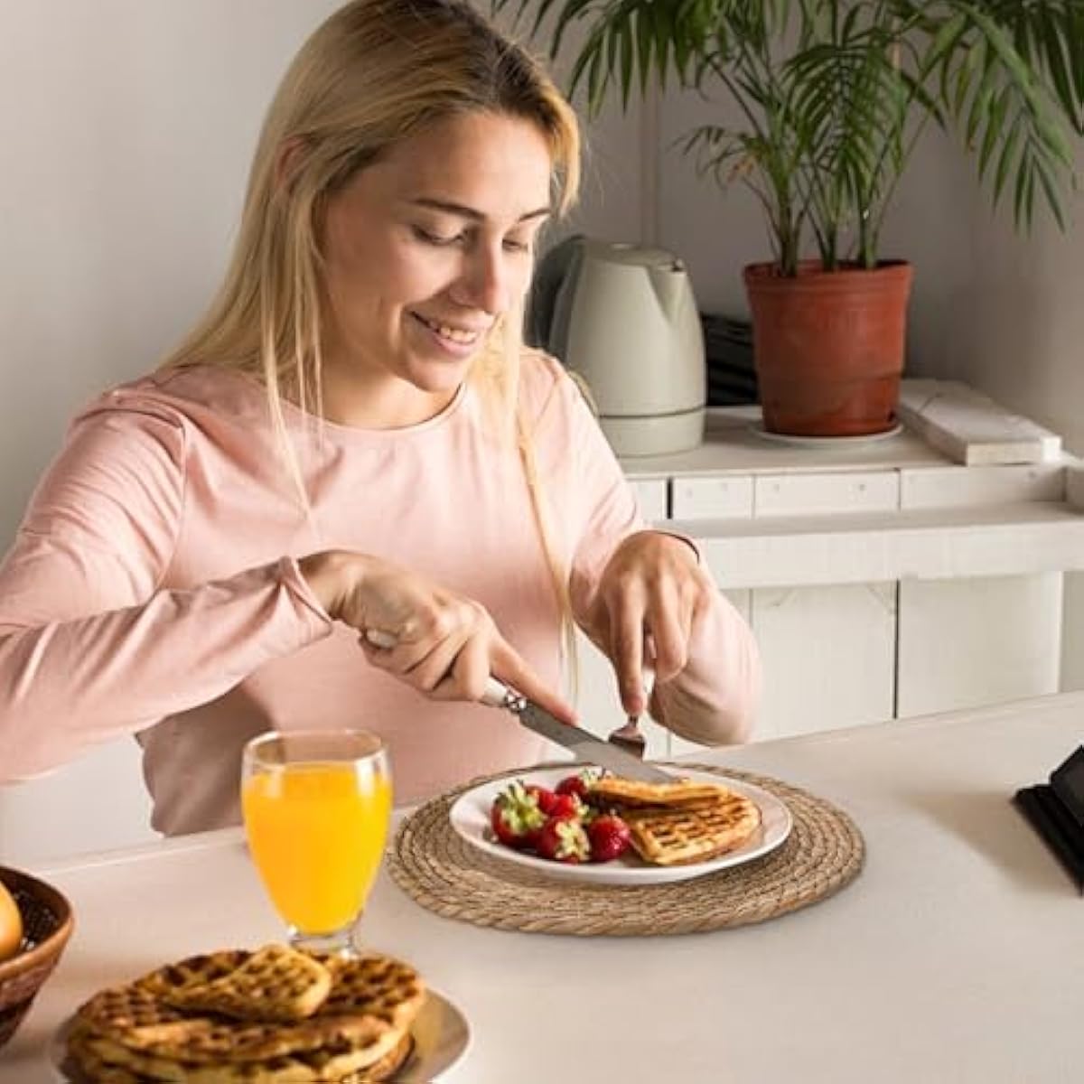 13.8'' Round Woven Placemats Set of 12, Boho Rattan Chargers for Dinner Plates, Rustic Wicker Place Mats, Straw Braided Table Placemats, for Dining Table Decor, Wedding, Farmhouse and Outdoor