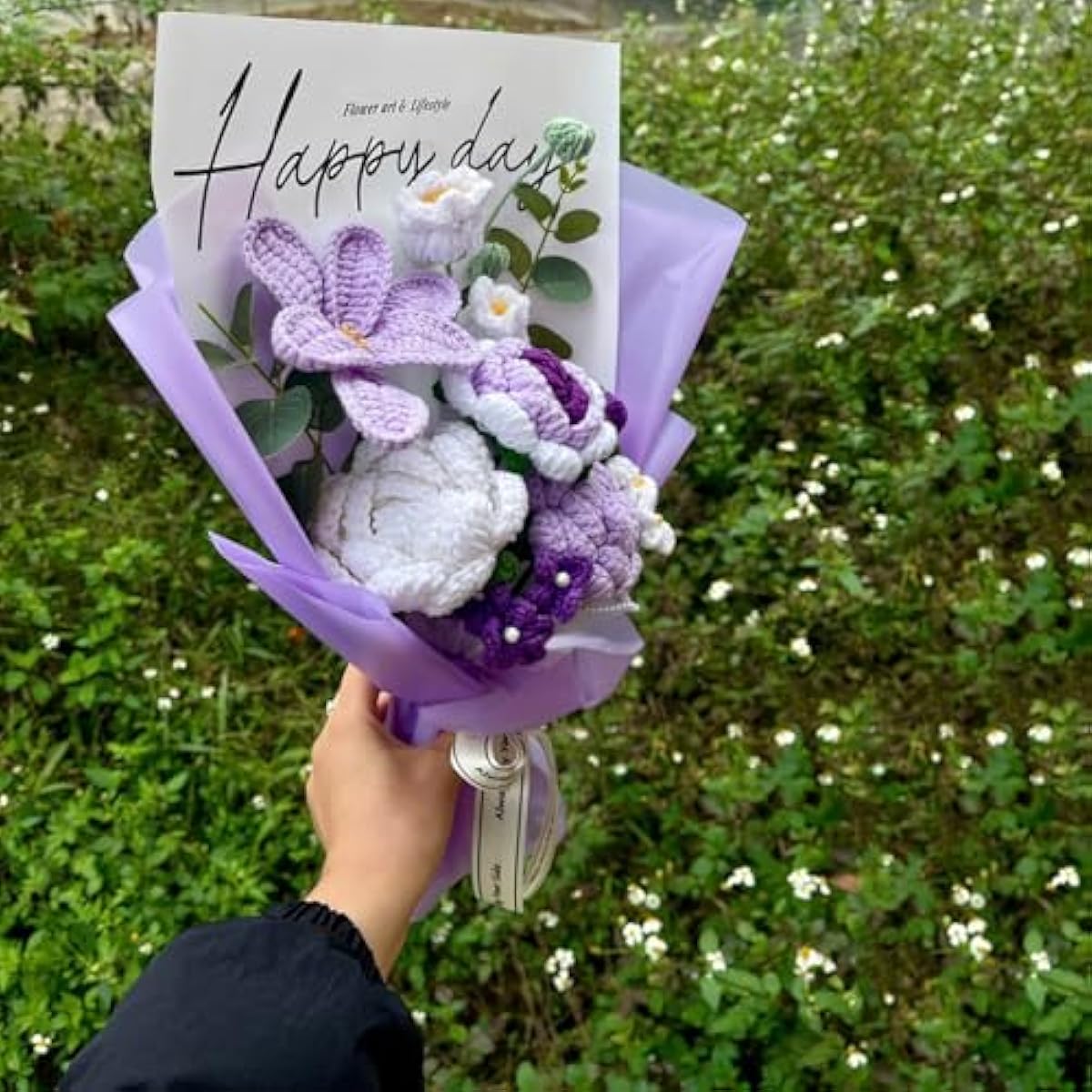 Completed Purple Crochet Flowers Bouquet, Handmade Knitted Bouquet, Crochet Artificial Flowers for Mother's Day Birthday, Wedding Home Decor, Gifts for Mom (Purple Tulip)
