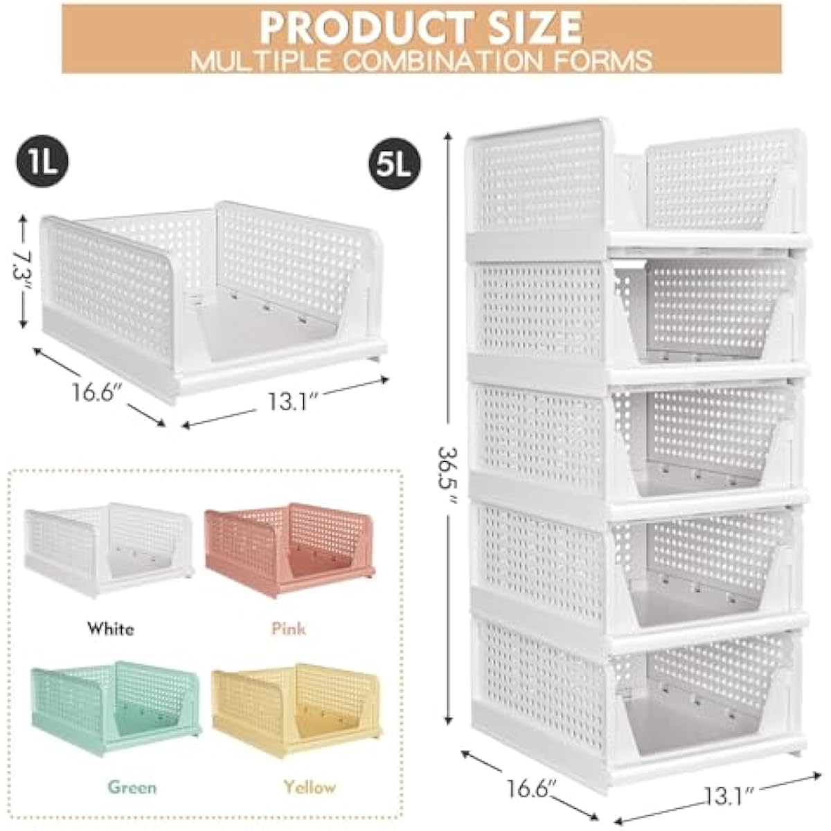5 Pack Stackable Closet Storage Basket - Stackable Storage Bins, Multifunctional & Foldable Closet Organizer Waterproof, Wardrobe Cupboard Space-Saving Hat Storage Drawer Organizer, White