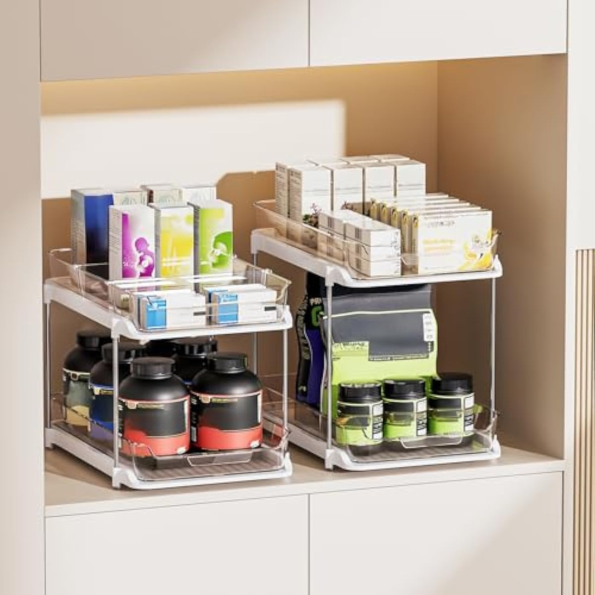 Delamu 2-Tier Multi-Purpose Bathroom Under Sink Organizers and Storage, Stackable Kitchen Pantry Organization, Pull Out Medicine Cabinet Organizer with Movable Dividers, White, 2 Pack