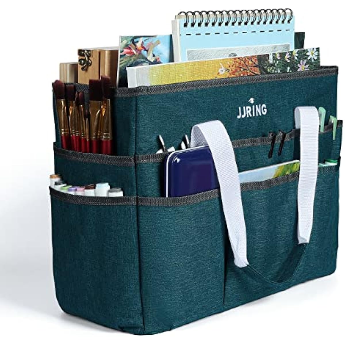 JJRING Craft Organizer Tote Bag, Large Art Storage Caddy with Multiple Pockets, Bluish Green Sewing Bag for Art, Craft, Scrapbooking, School, Medical, and Office Supplies Storage