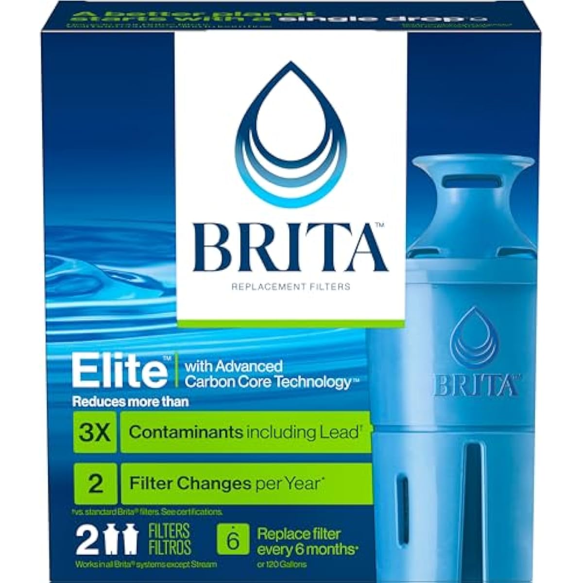 Brita Filter Replacements for Water Pitchers and Dispensers, Elite, NSF Certified to Remove 99% of Lead, 2 Count, Blue