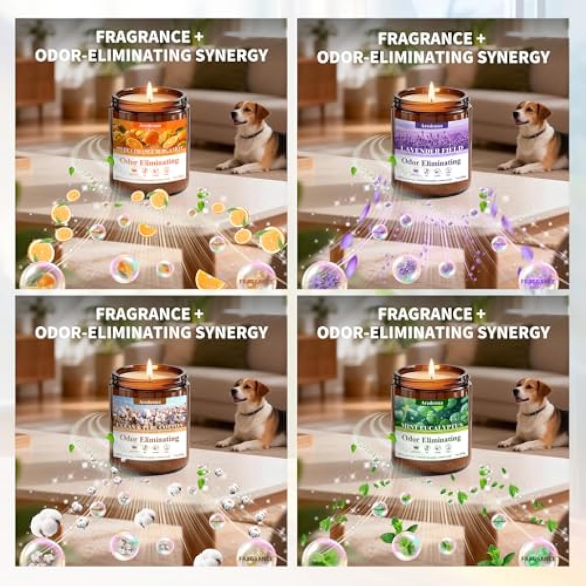 4 Pack Odor Eliminating Candles Set - Eliminates 95% of Pet, Smoke, Food & Other Smells - Hand Poured Non-Toxic Soy Candle, Air Freshing Scent of Lavender/Orange/Mint/Cotton - Gifts Set for Women