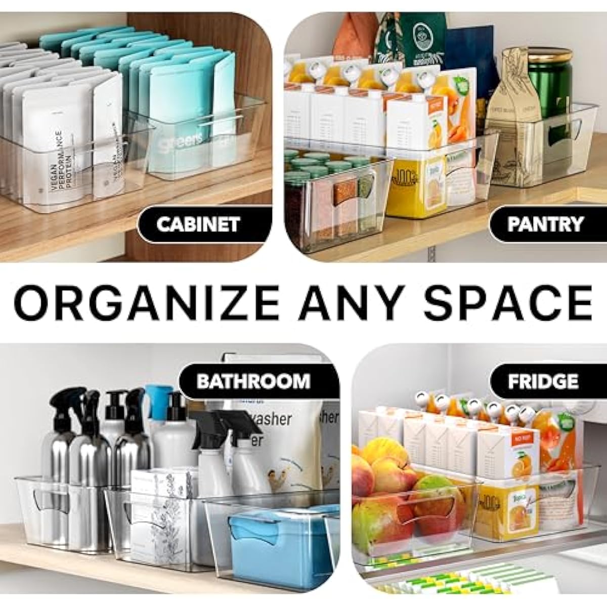 Simple Houseware 4 Pcs Kitchen Clear Bin Storage Organizer, 15" x 8" x 3.75"