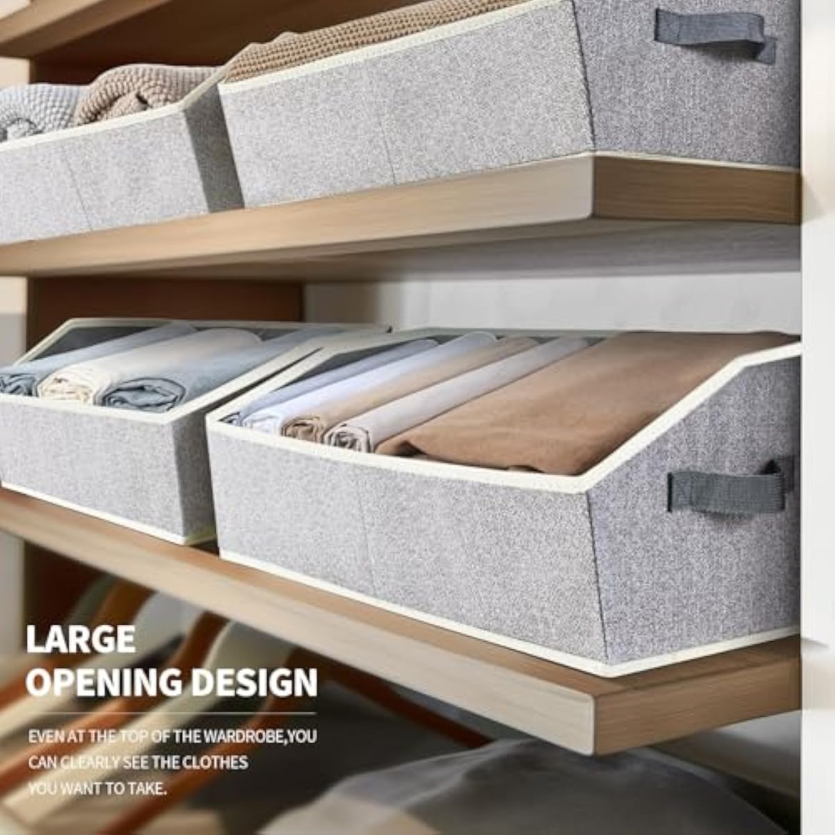 Closet Organizers Bins 6 Packs - Large Closet Shelf Organizer with Handles, Fabric Trapezoid Storage Bins, Collapsible Storage Cubes for Clothes, Towels, Light Gray