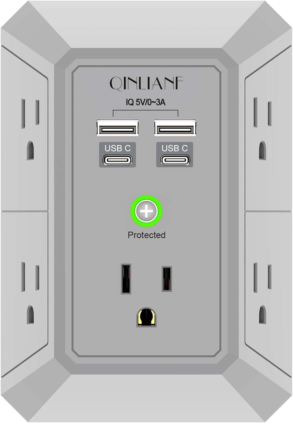 Wall Charger, Surge Protector, QINLIANF 5 Outlet Extender with 4 USB Charging Ports, 3-Sided 1680J Power Strip Multi Plug Adapter Spaced for Home Travel Office