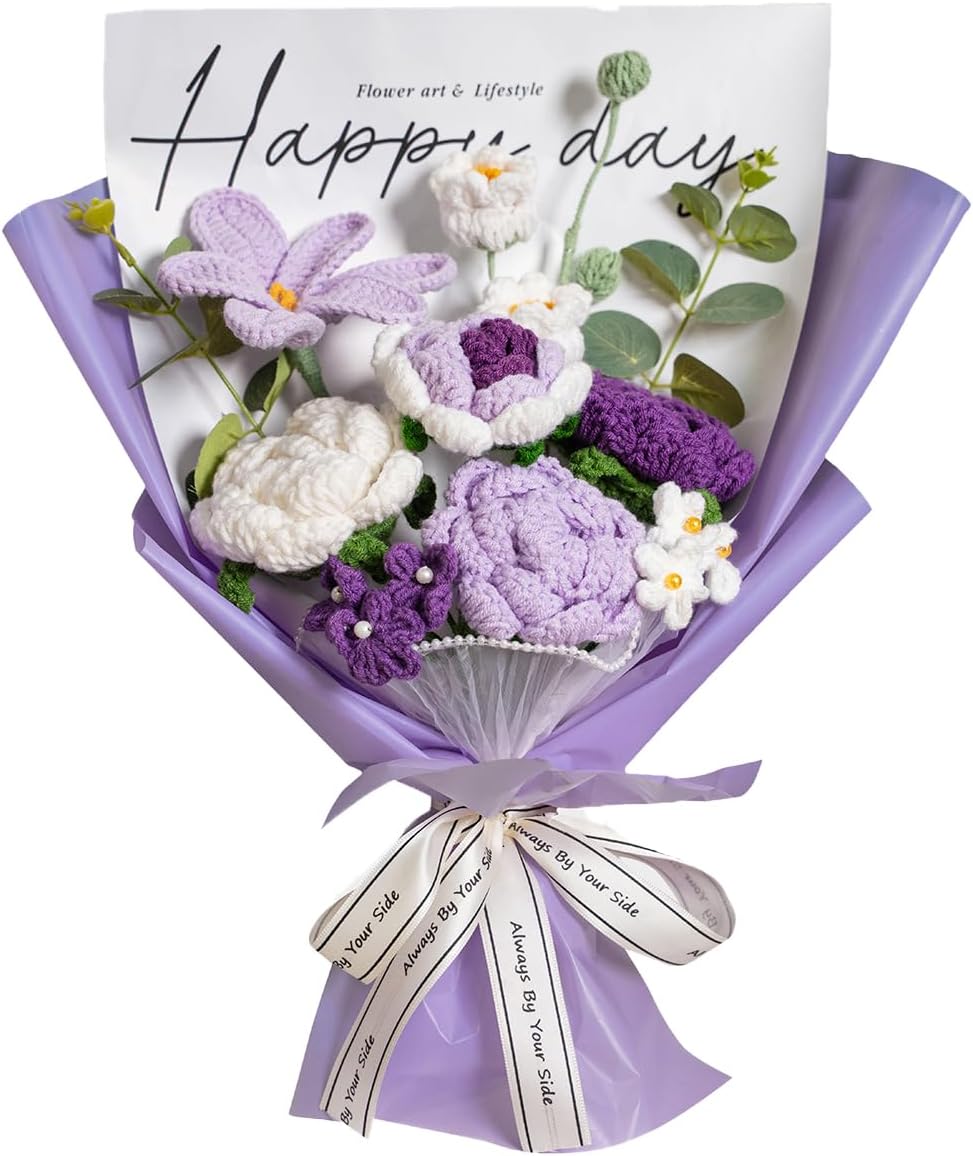 Completed Purple Crochet Flowers Bouquet, Handmade Knitted Bouquet, Crochet Artificial Flowers for Mother's Day Birthday, Wedding Home Decor, Gifts for Mom (Purple Tulip)
