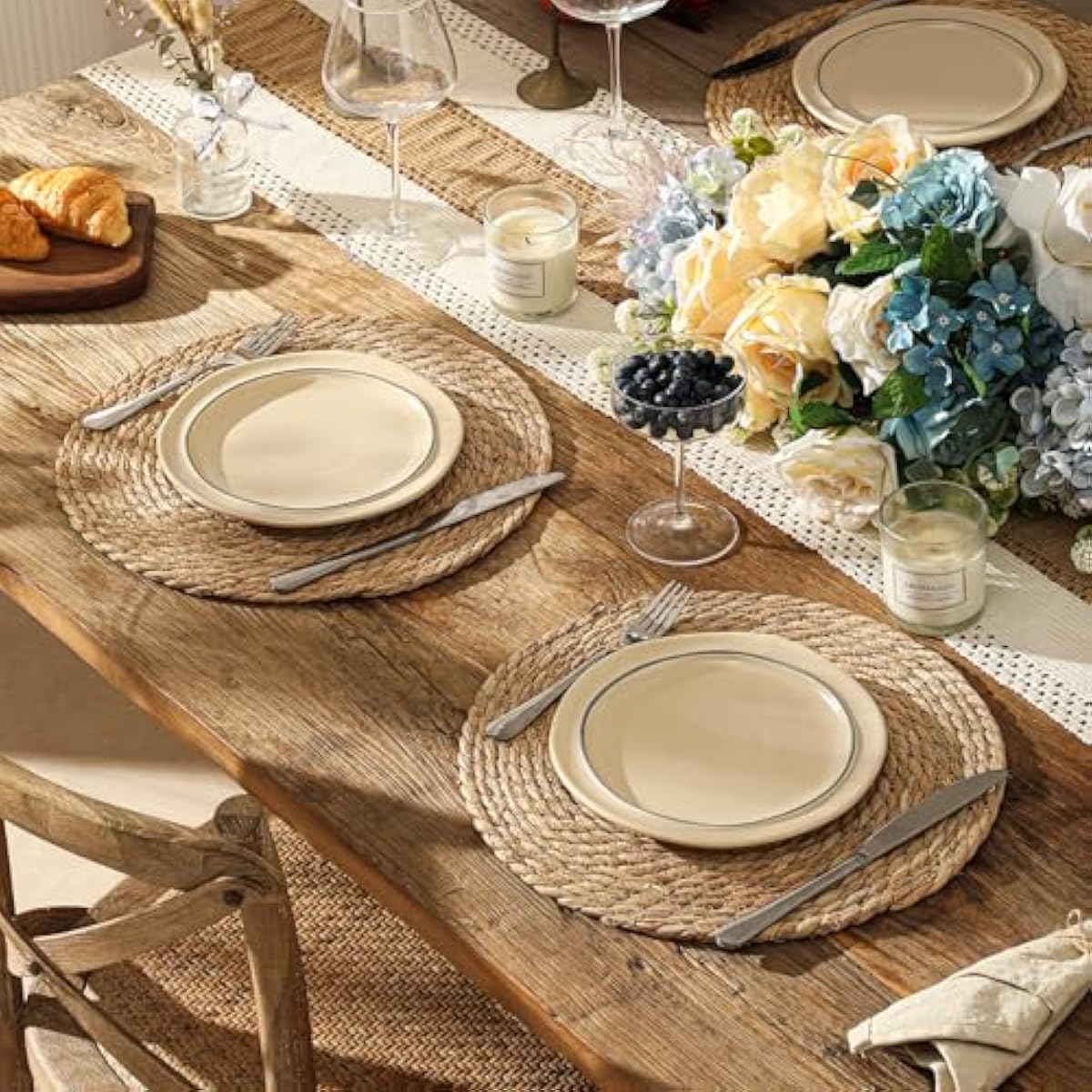 13.8'' Round Woven Placemats Set of 12, Boho Rattan Chargers for Dinner Plates, Rustic Wicker Place Mats, Straw Braided Table Placemats, for Dining Table Decor, Wedding, Farmhouse and Outdoor