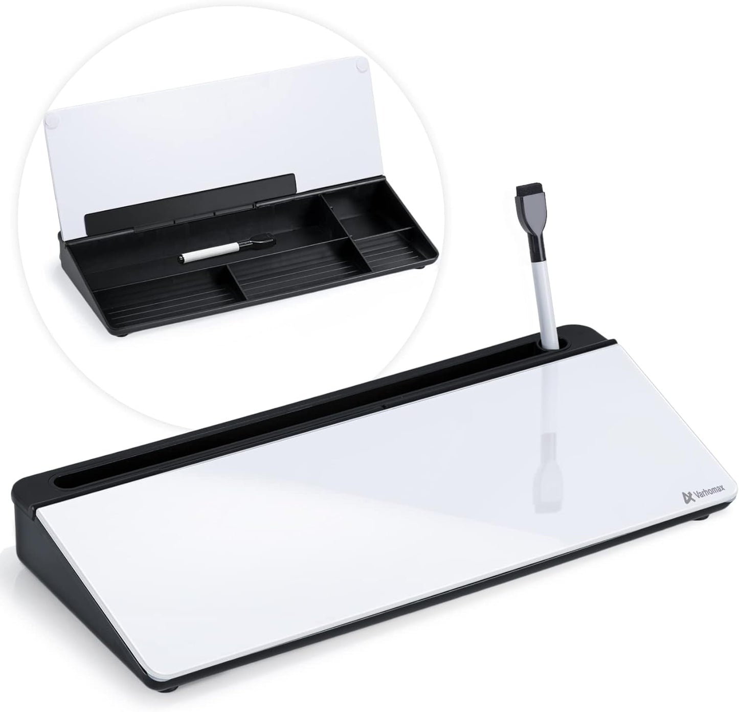 Varhomax Glass Desk Whiteboard with Storage, Desktop Organizer to-do List Memo Notepad Dry Erase White Board for Home Office and School Supplies (White)