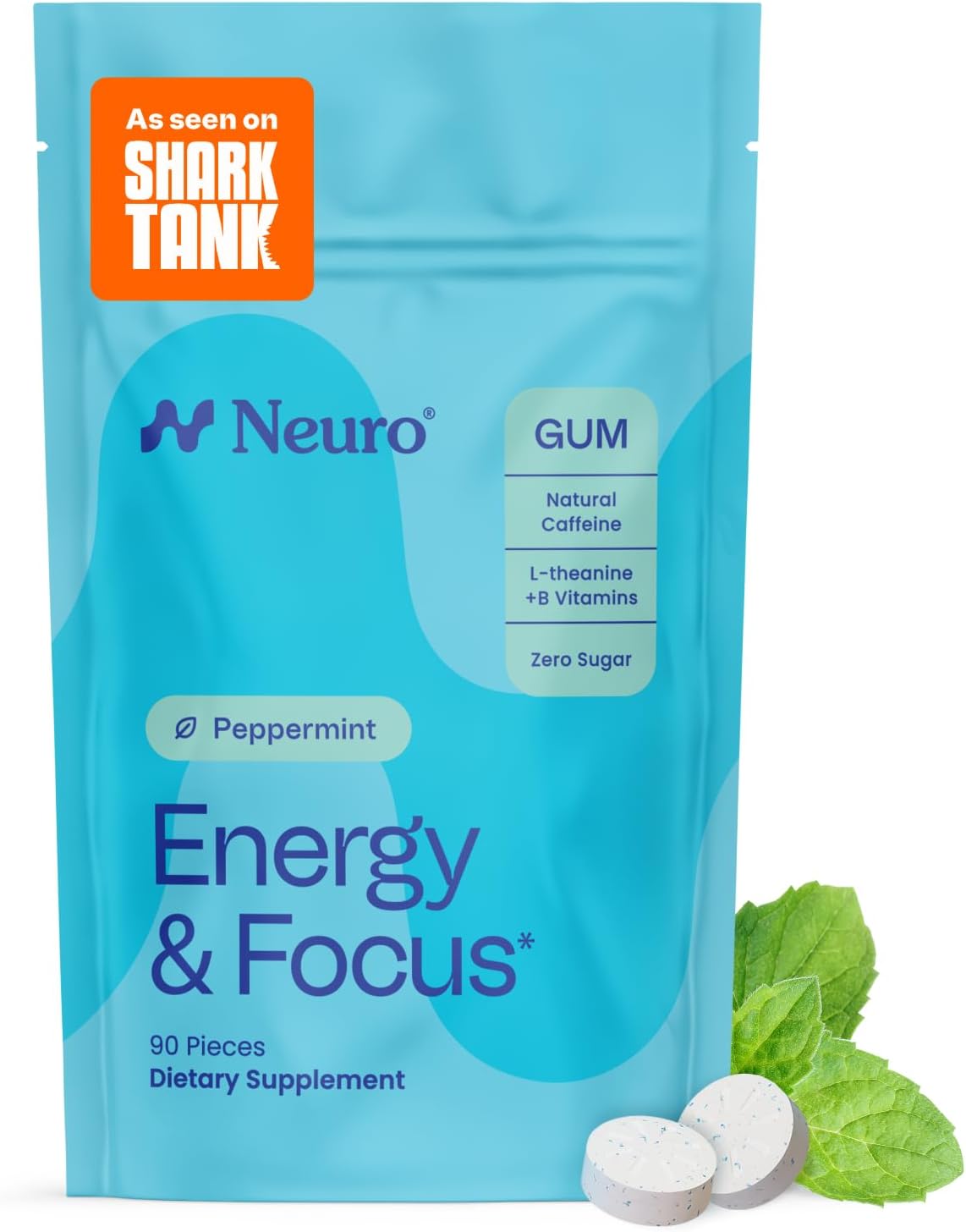 Neuro Energy & Focus Gum - 40mg Natural Caffeine Gum & Nootropic Energy Supplement with L-Theanine & B Vitamins - Sugar Free, Vegan - Peppermint, 54ct