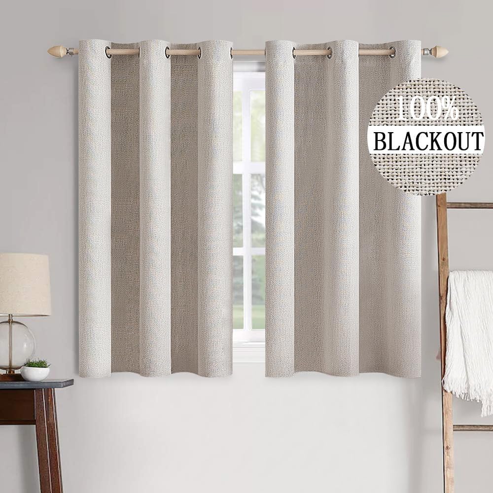 MIULEE 100% Blackout Linen Textured Curtains for Bedroom Solid Thermal Insulated Natural Beige Grommet Room Darkening Curtains & Drapes Luxury Decor for Living Room Nursery 52 x 84 Inch (2 Panels)