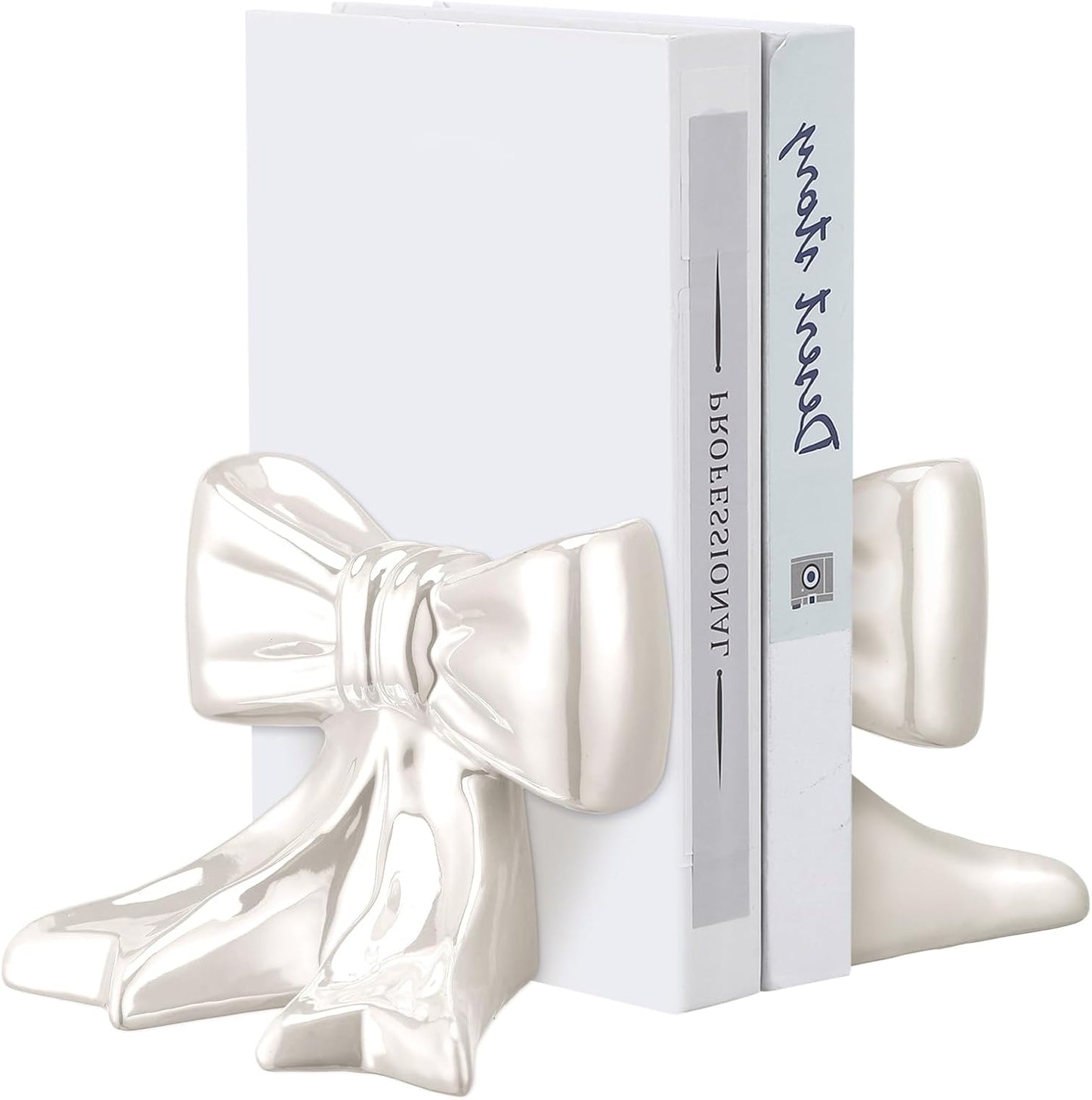 Leinuosen 2 Pcs Gold Bow Bookends Ceramic Cute Book Ends Decorative Book Stand Bow Sculpture Statues Tabletop Shelf Ornament Room Decor for Home Office School Dorm Girl Desk
