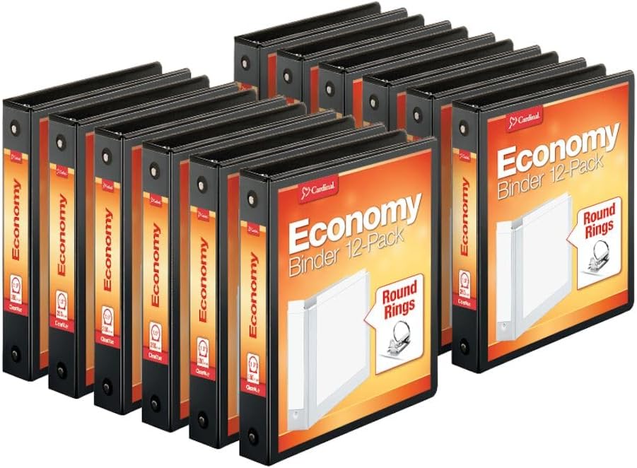 Cardinal Economy 3-Ring Binders, 1", Round Rings, Holds 225 Sheets, ClearVue Presentation View, Non-Stick, White, Carton of 12 (90621)
