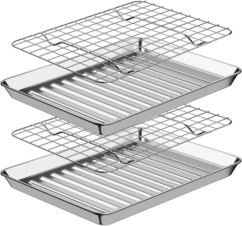 ROTTAY Baking Sheet with Rack Set (2 Pans + 2 Racks), Stainless Steel Cookie Sheet with Cooling Rack, Nonstick Baking Pan, Warp Resistant & Heavy Duty & Rust Free, Size 16 x 12 x 1 Inches