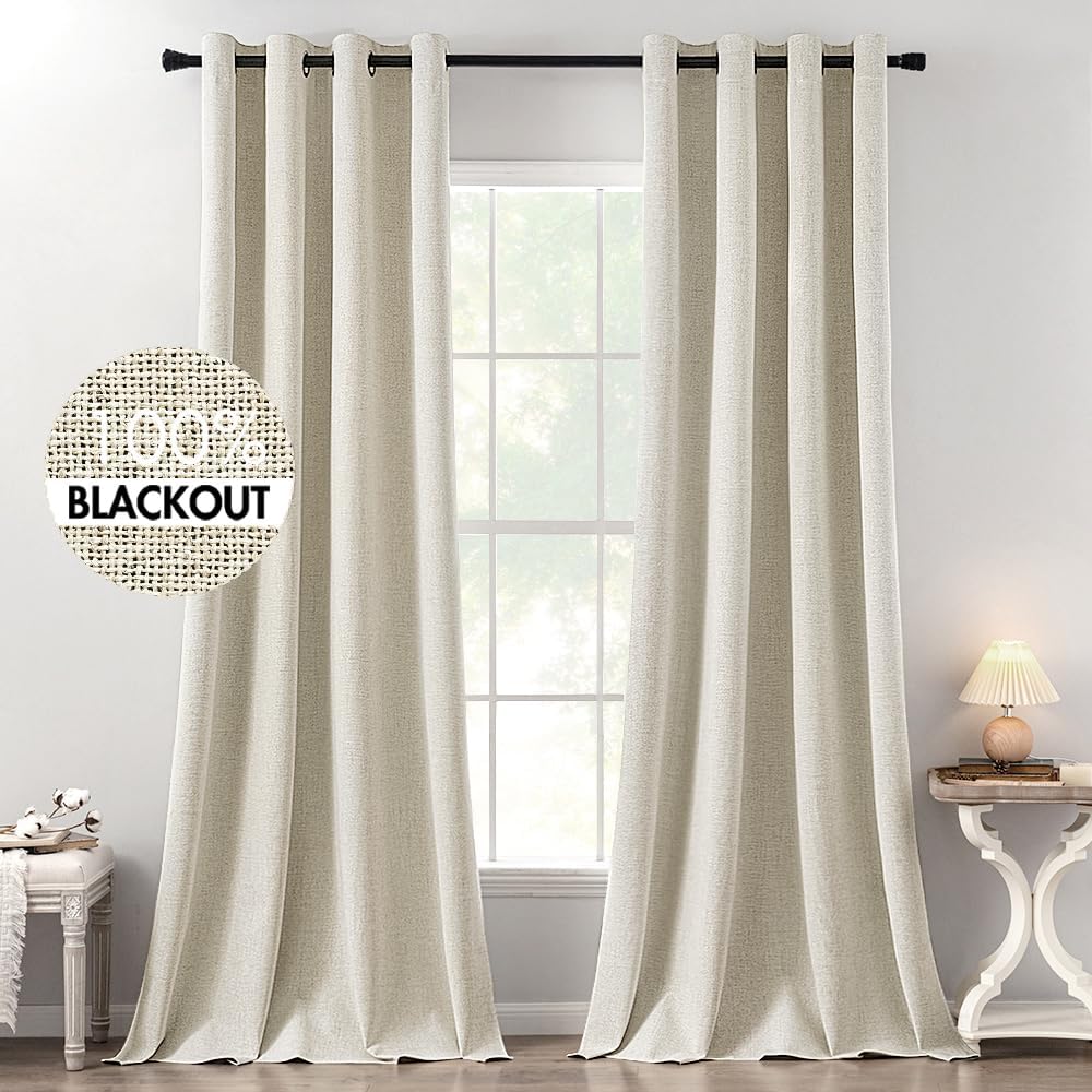 MIULEE 100% Blackout Linen Textured Curtains for Bedroom Solid Thermal Insulated Natural Beige Grommet Room Darkening Curtains & Drapes Luxury Decor for Living Room Nursery 52 x 84 Inch (2 Panels)