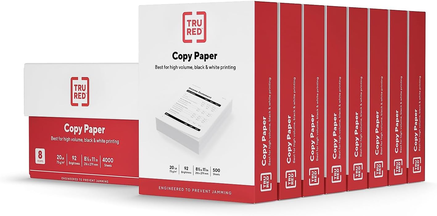 TRU RED 8.5x11 Copy Paper 20 lb. 92-Bright 5000 Sheets/Carton, For Office, School & Home
