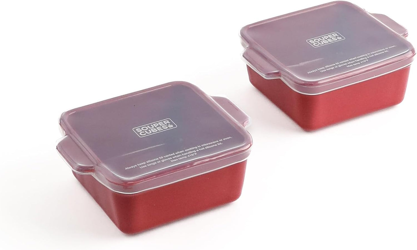 Souper Cubes Stoneware 2.0-5" x 5" Baking Dishes for Oven, Made in USA, Premium Mini Ceramic Baking Dishes with Silicone Covers for Individual Portions, Set of 2 - White