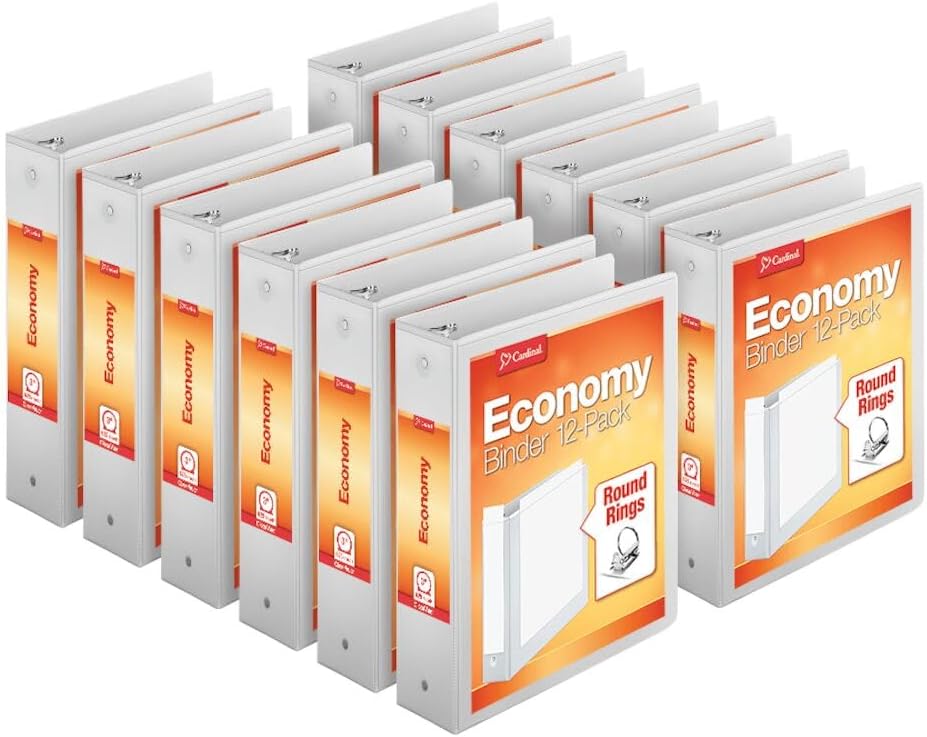 Cardinal Economy 3-Ring Binders, 1", Round Rings, Holds 225 Sheets, ClearVue Presentation View, Non-Stick, White, Carton of 12 (90621)