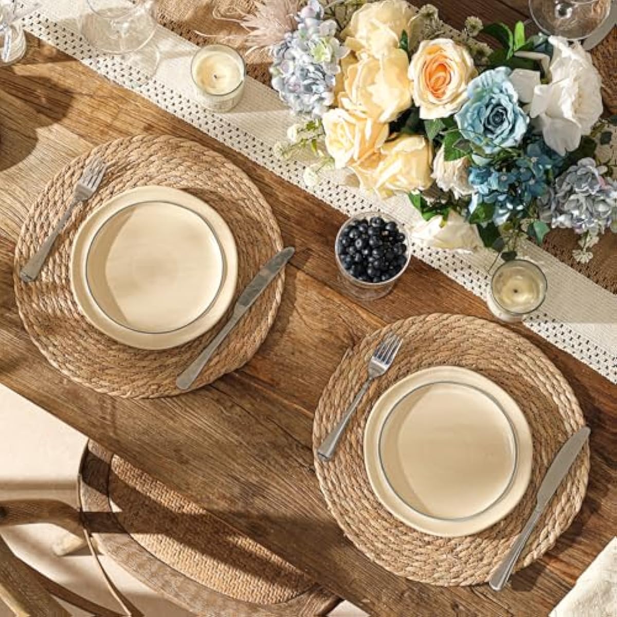 13.8'' Round Woven Placemats Set of 12, Boho Rattan Chargers for Dinner Plates, Rustic Wicker Place Mats, Straw Braided Table Placemats, for Dining Table Decor, Wedding, Farmhouse and Outdoor