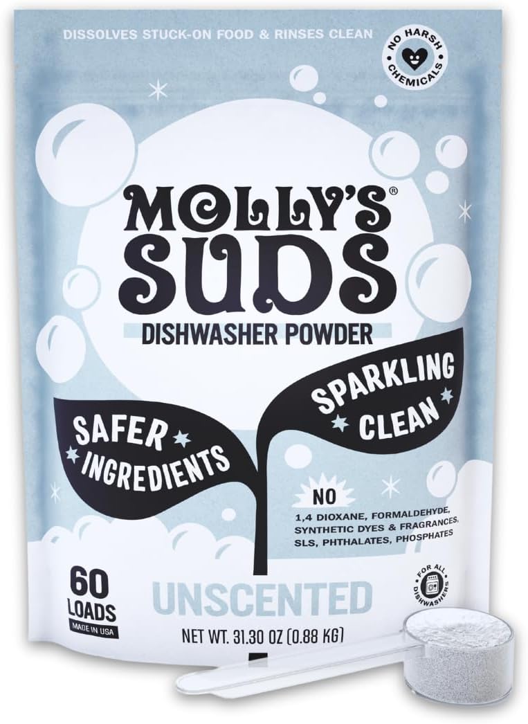 Molly's Suds Dishwasher Pods | Clean Dishwasher Detergent, Cuts Grease & Rinses Clean (Residue-Free) for Sparkling Dishes | 60 Auto-Release Tabs (Unscented)