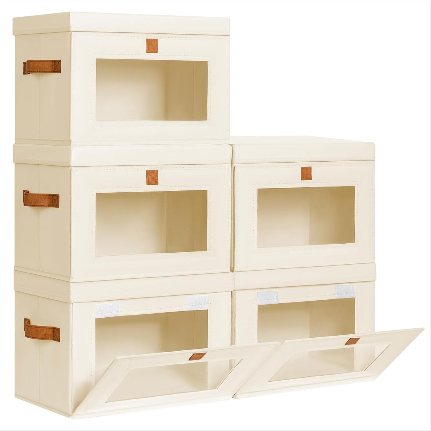 Large Closet Storage Organizer - Clothes Storage Bins with Handles & Window, Collapsible Decorative Boxes with Lids, Fabric Containers for Living Room, Dorm, 2 Pack, Beige