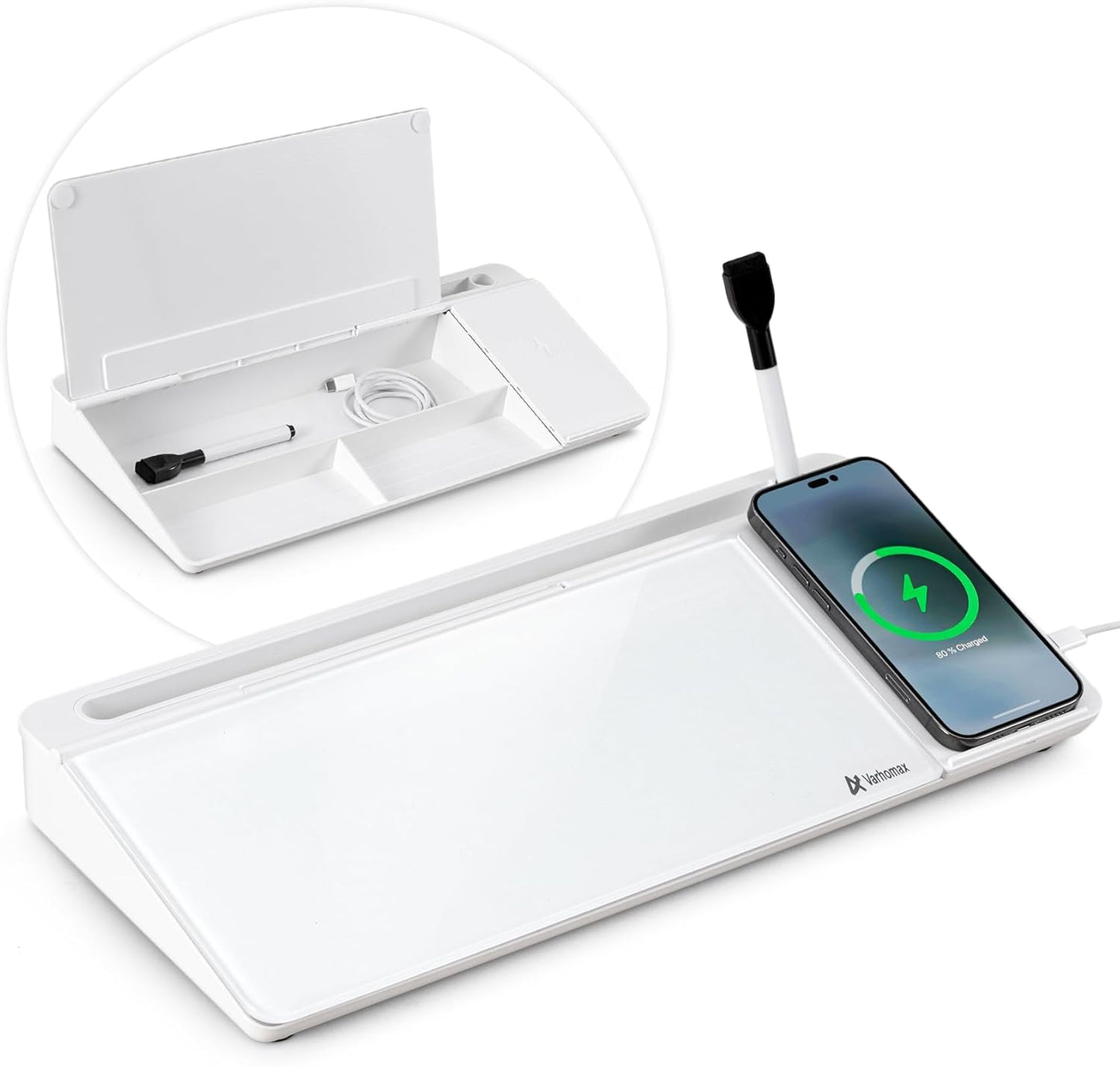 Varhomax Glass Desk Whiteboard with Storage, Desktop Organizer to-do List Memo Notepad Dry Erase White Board for Home Office and School Supplies (White)