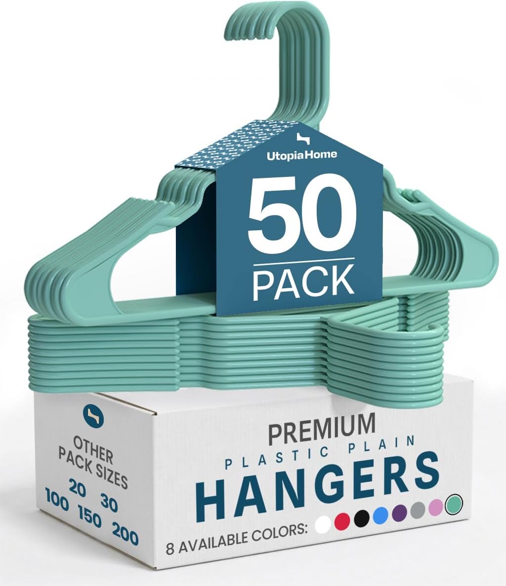 Utopia Home - Plastic Hangers 50 Pack - Space Saving Clothes Hanger - Durable and Strong Closet Organizers and Storage Makes It Ideal Stocking Stuffers or Apartment or Dorm Room Essentials (White)