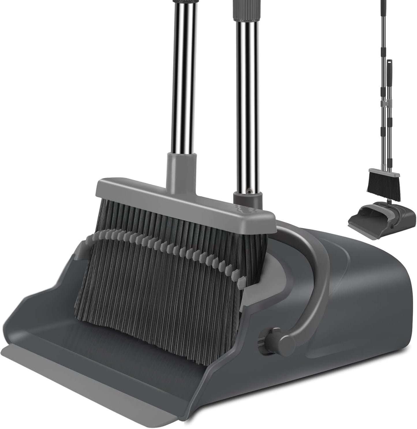 kelamayi Upgrade Broom and Dustpan Set, Self-Cleaning with Dustpan Teeth, Indoor&Outdoor Sweeping, Ideal for Dog Cat Pets Home Use, Stand Up Broom and Dustpan (Gray&Orange)
