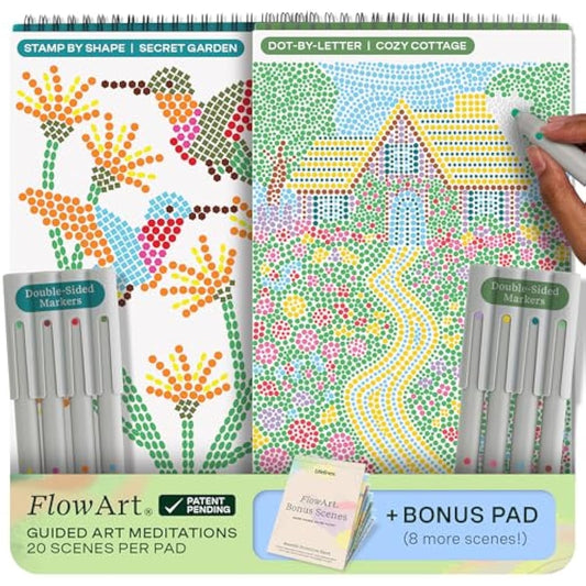 Lifelines FlowArt Activity Pads, 2-Pack & Bonus Pad - Guided Dot Art Meditations - 8 Double-Sided Markers & 48 Scenes - Dot-by-Letter & Stamp-by-Shape Coloring Books for Tweens, Adults & Seniors