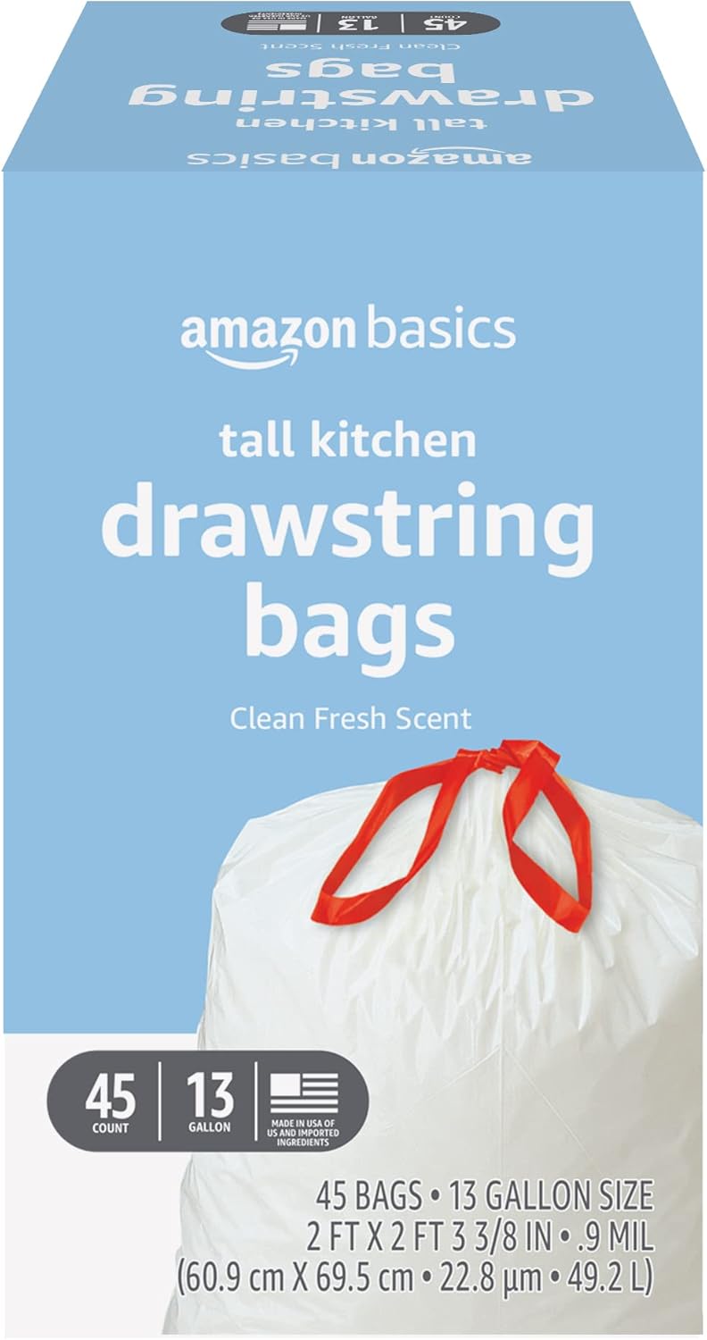 Amazon Basics Tall Kitchen Drawstring Trash Bags, Sturdy, 13 Gallon, Unscented, 200 Count