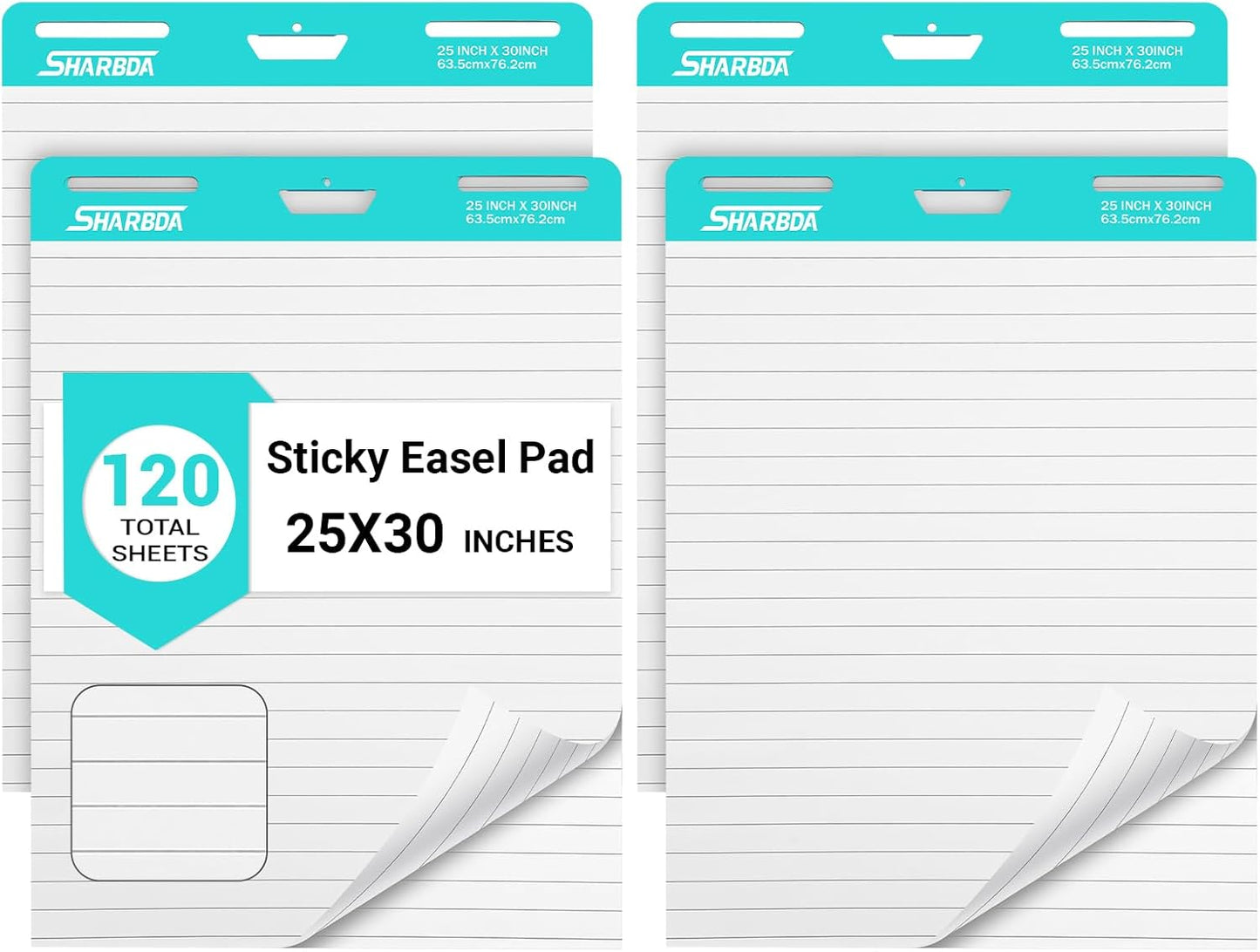 Lined Sticky Easel Pad, 25 in x 30 in,Flip Chart Paper,Sticky Chart Paper for Teachers, Large Self-Stick Easel Paper,Super Sticky & Bleed-Resistant,30 Sheets/Pad,2 Pads