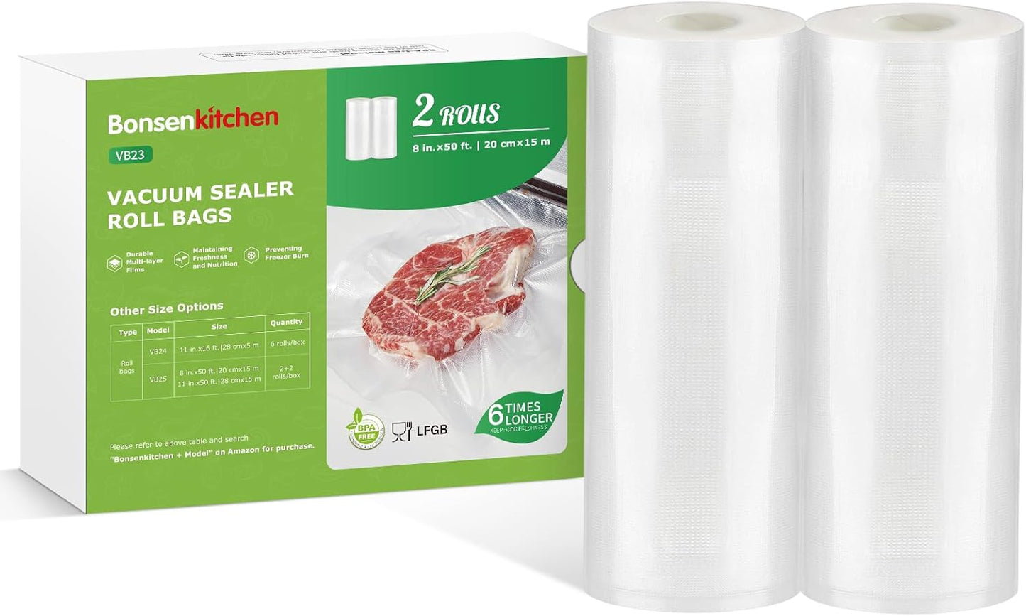 Bonsenkitchen Vacuum Sealer Rolls Bags, 6 Pack 3 Rolls 11" x 20' + 3 Rolls 8" x 20' Commercial Grade BPA Free Bag Rolls, Durable Customized Size Food Vac Bags for Storage and Sous Vide Cooking VB3211