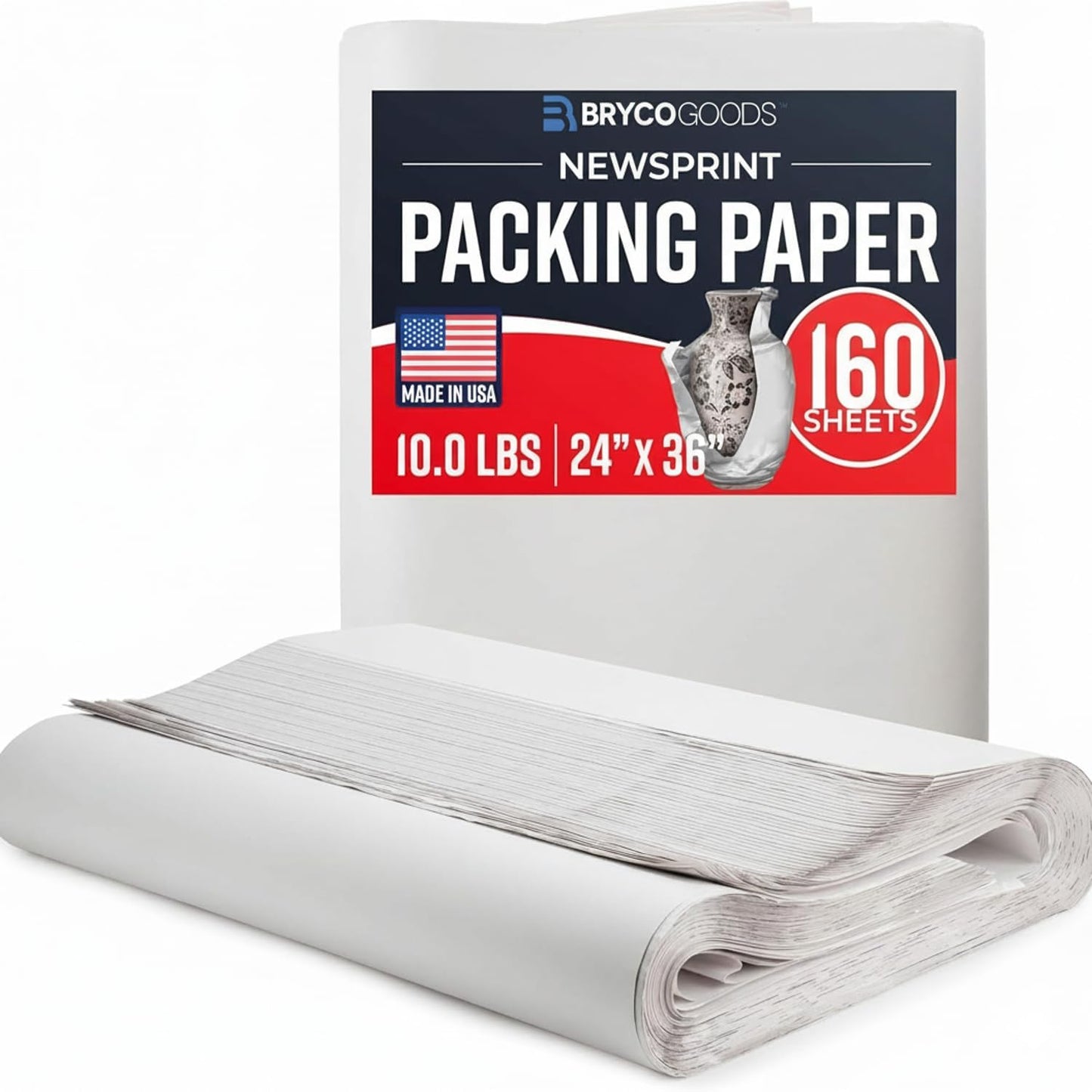 Bryco Goods Newsprint Packing Paper Sheets for Moving - 10lb - 320 Sheets of Newspaper Paper - Wrapping and Protecting Fragile Items, Box Filler, Shipping Supplies - 27" x 17" - Made in the USA