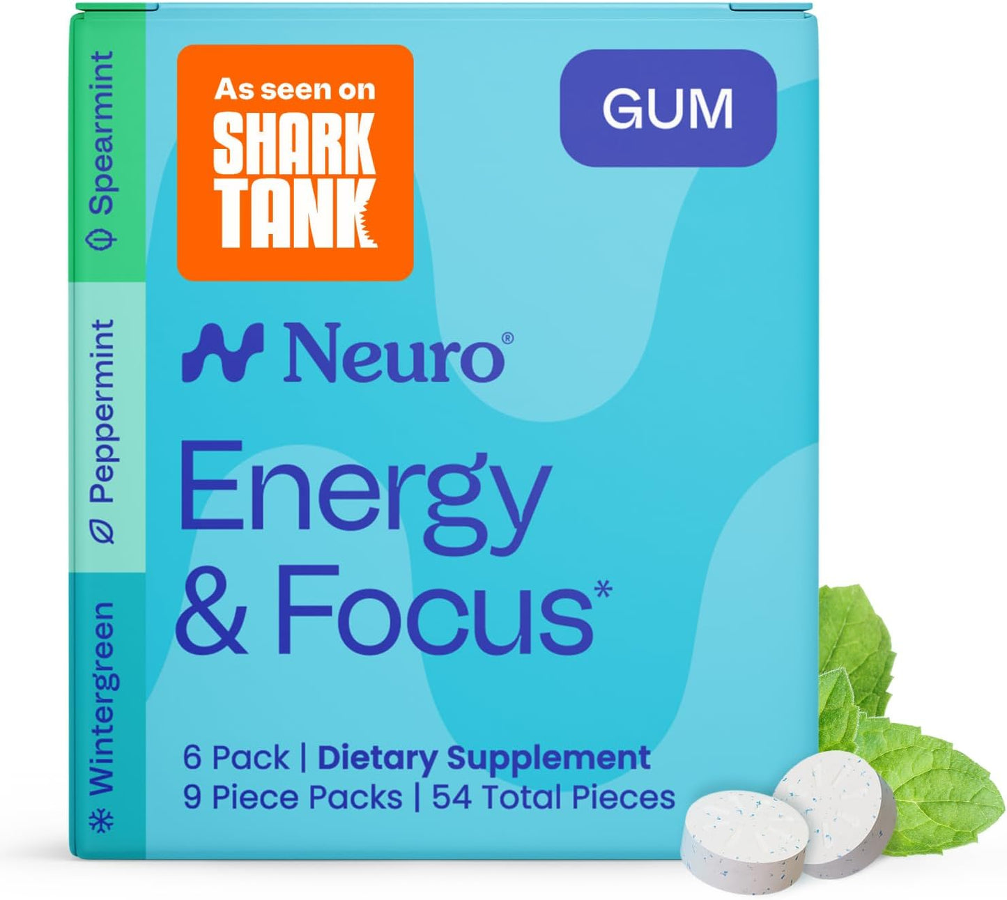 Neuro Energy & Focus Gum - 40mg Natural Caffeine Gum & Nootropic Energy Supplement with L-Theanine & B Vitamins - Sugar Free, Vegan - Peppermint, 54ct