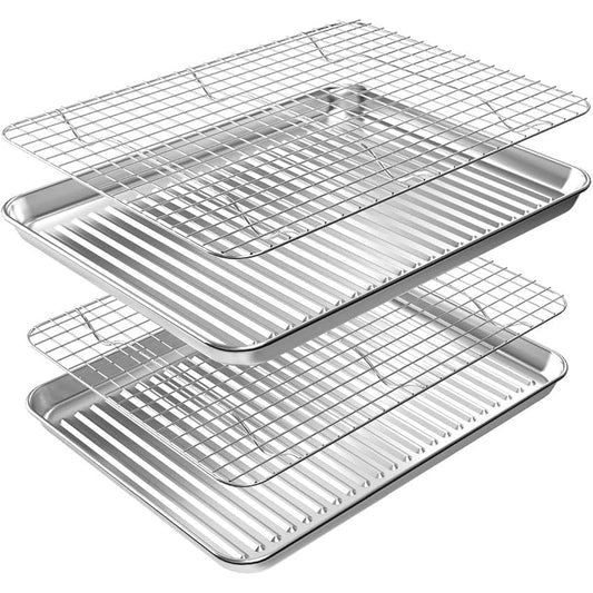 ROTTAY Baking Sheet with Rack Set (2 Pans + 2 Racks), Stainless Steel Cookie Sheet with Cooling Rack, Nonstick Baking Pan, Warp Resistant & Heavy Duty & Rust Free, Size 16 x 12 x 1 Inches