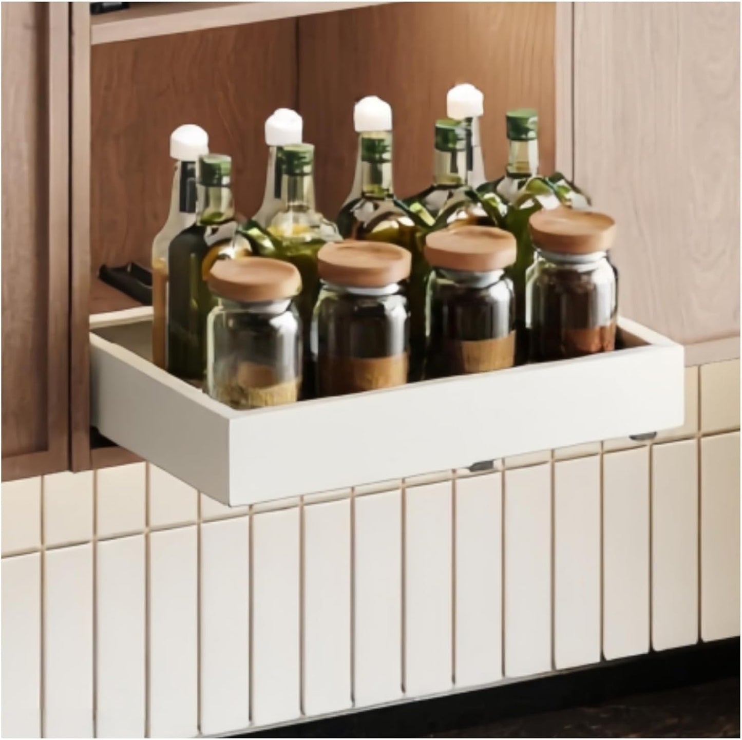Pull out Cabinet Organizer,Width (14"-21") and Depth (17"-24") Expandable With 3 Rails,No Drill Adjustable Slide out Drawers for Kitchen,Pantry,Adhesive Roll out Shelves,for Cabinets Without Lip,White