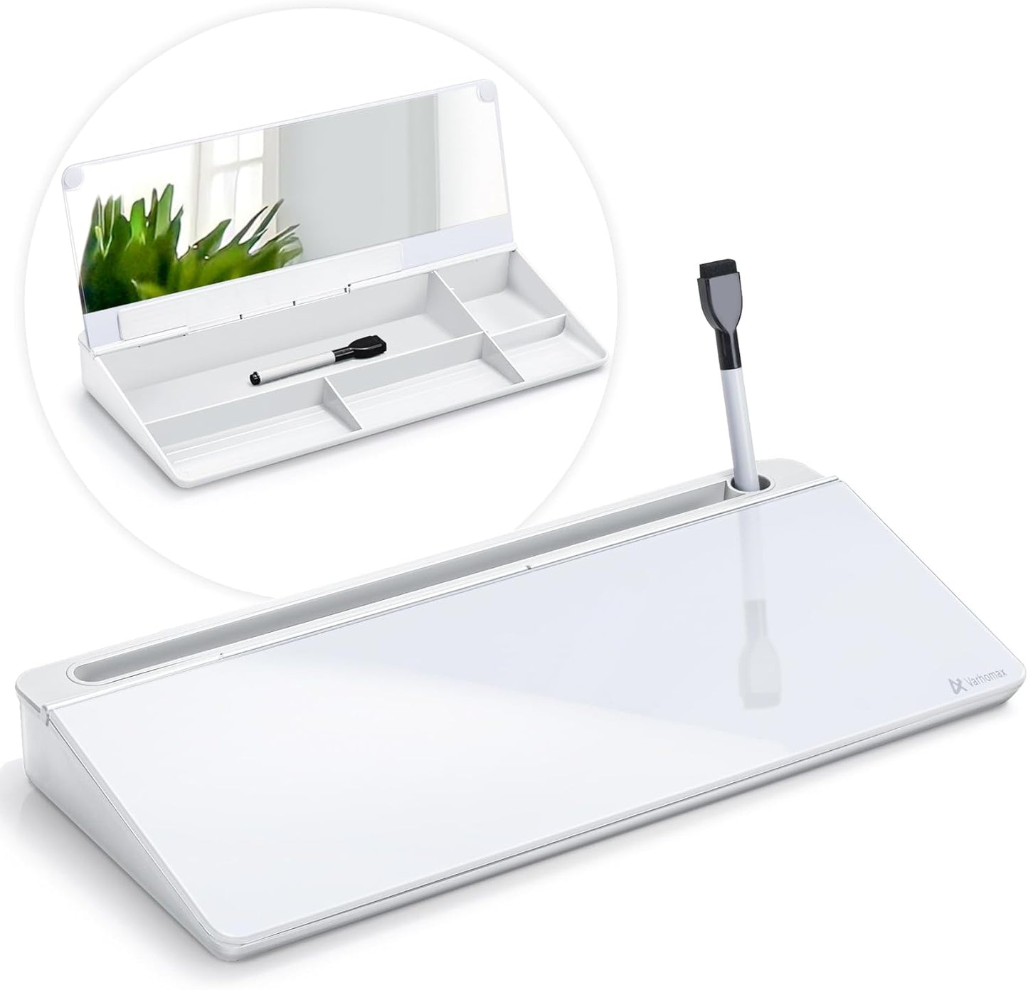 Varhomax Glass Desk Whiteboard with Storage, Desktop Organizer to-do List Memo Notepad Dry Erase White Board for Home Office and School Supplies (White)