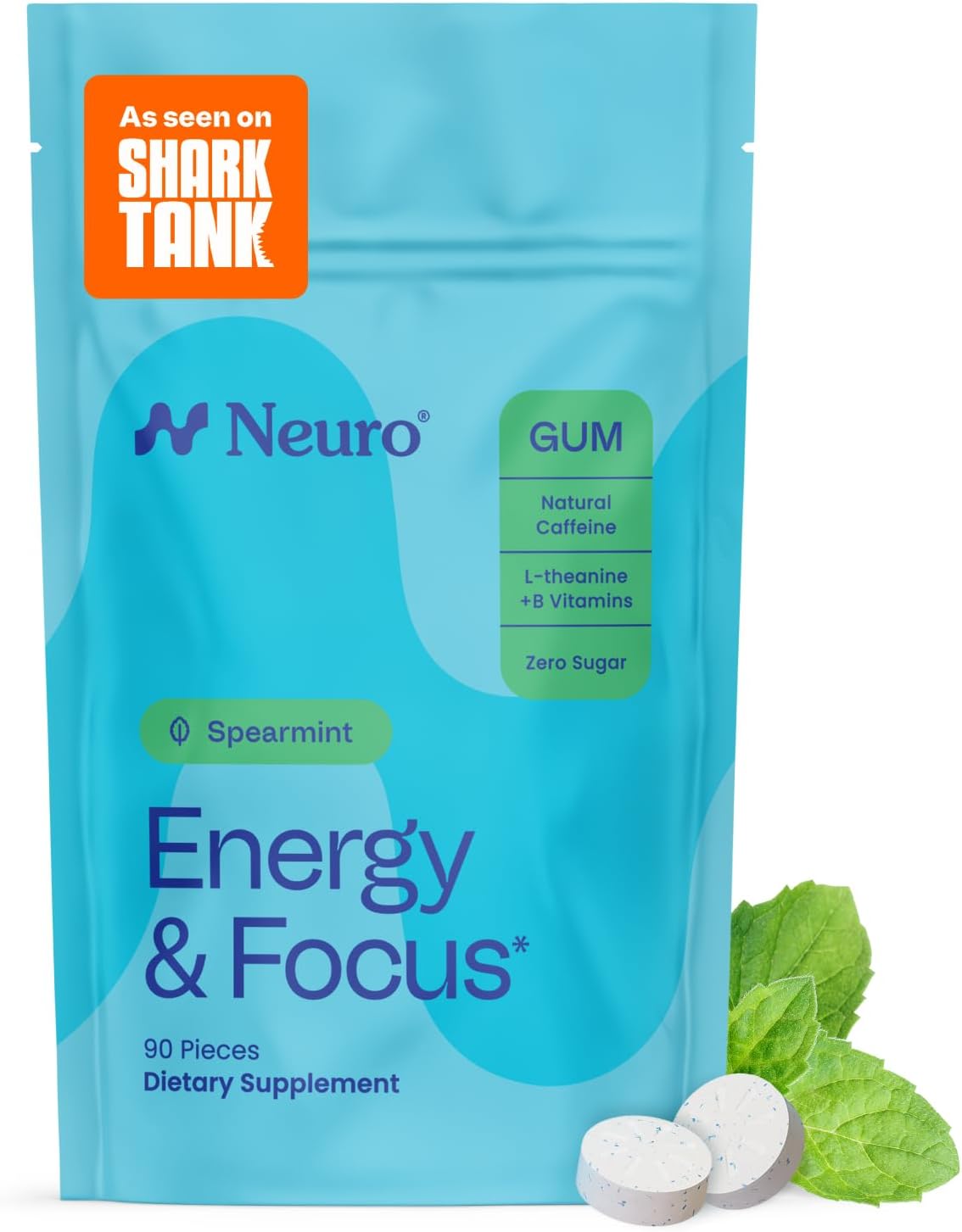Neuro Energy & Focus Gum - 40mg Natural Caffeine Gum & Nootropic Energy Supplement with L-Theanine & B Vitamins - Sugar Free, Vegan - Peppermint, 54ct