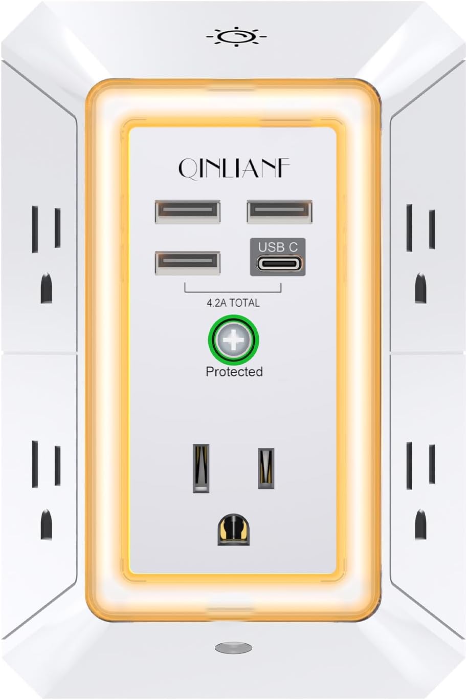 Wall Charger, Surge Protector, QINLIANF 5 Outlet Extender with 4 USB Charging Ports, 3-Sided 1680J Power Strip Multi Plug Adapter Spaced for Home Travel Office