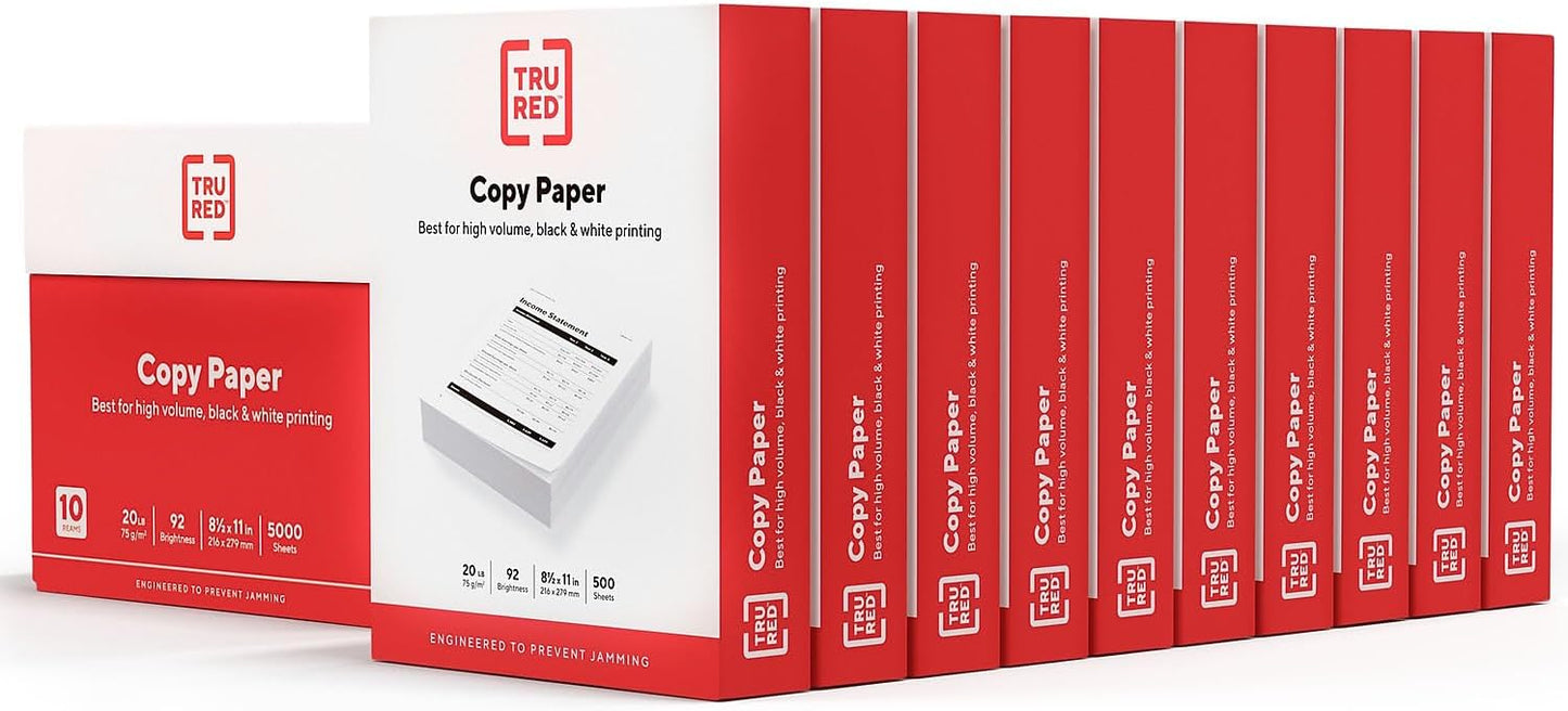TRU RED 8.5x11 Copy Paper 20 lb. 92-Bright 5000 Sheets/Carton, For Office, School & Home