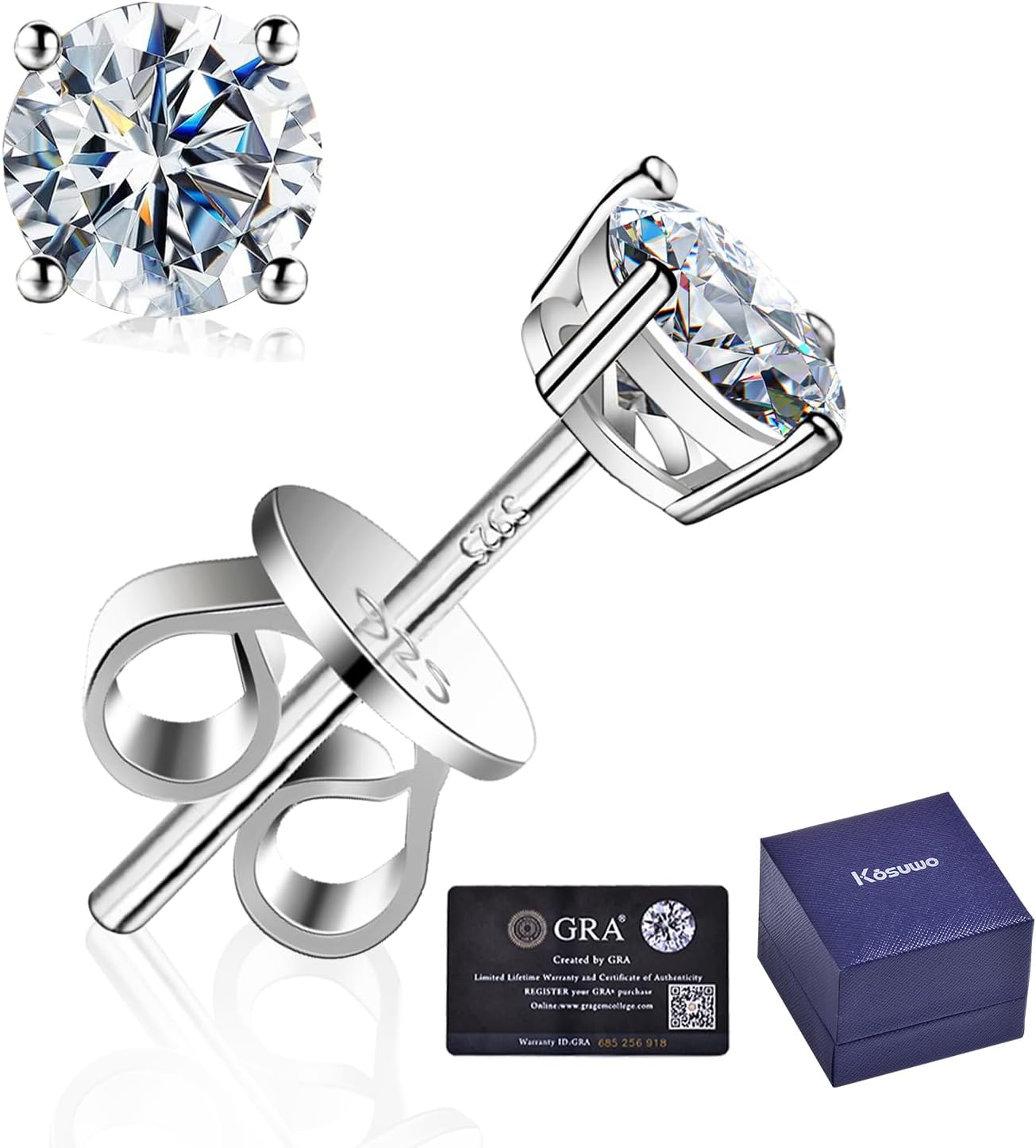 Kosuwo Moissanite Stud Earrings 2.0CT D Color,GRA 925 Sterling Silver Earrings for Men 18K White Gold Plating Earrings for Women,wedding earrings