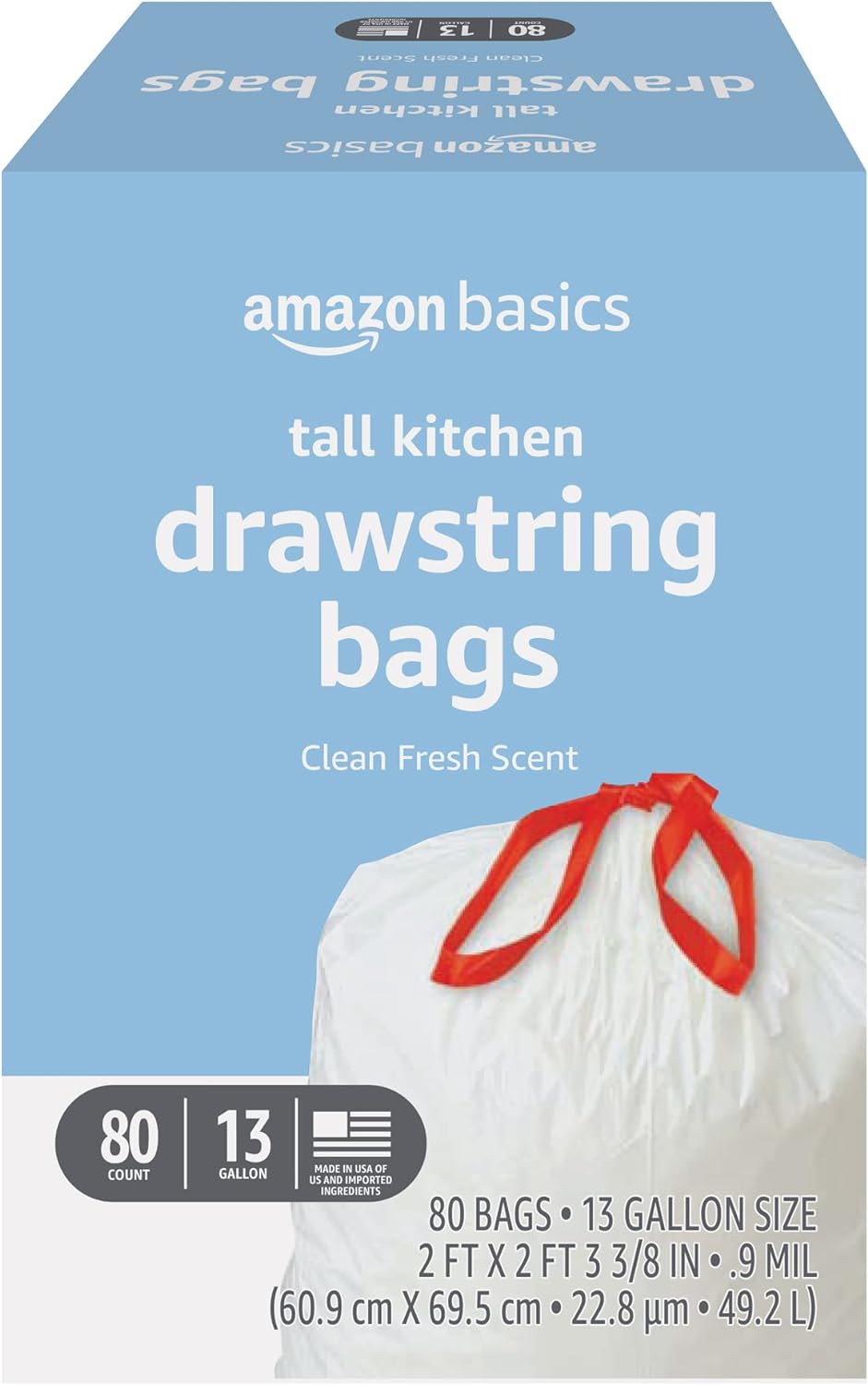 Amazon Basics Tall Kitchen Drawstring Trash Bags, Sturdy, 13 Gallon, Unscented, 200 Count