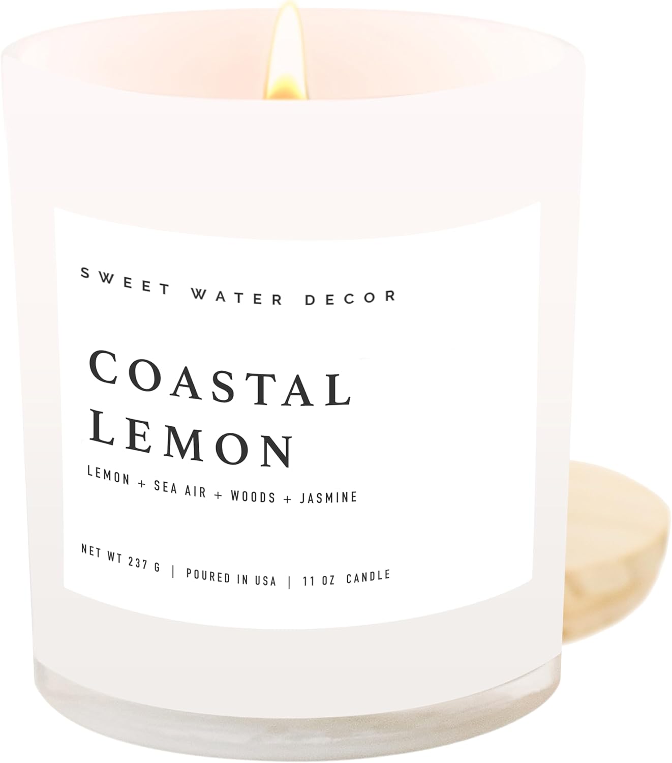 Sweet Water Decor Salt and Sea Candle - Sea Salt, Citrus, Amber, Musk, Beach Scented Soy Candles for Home - 11oz White Glass Jar + Wood Lid, 50+ Hour Burn Time, Made in the USA