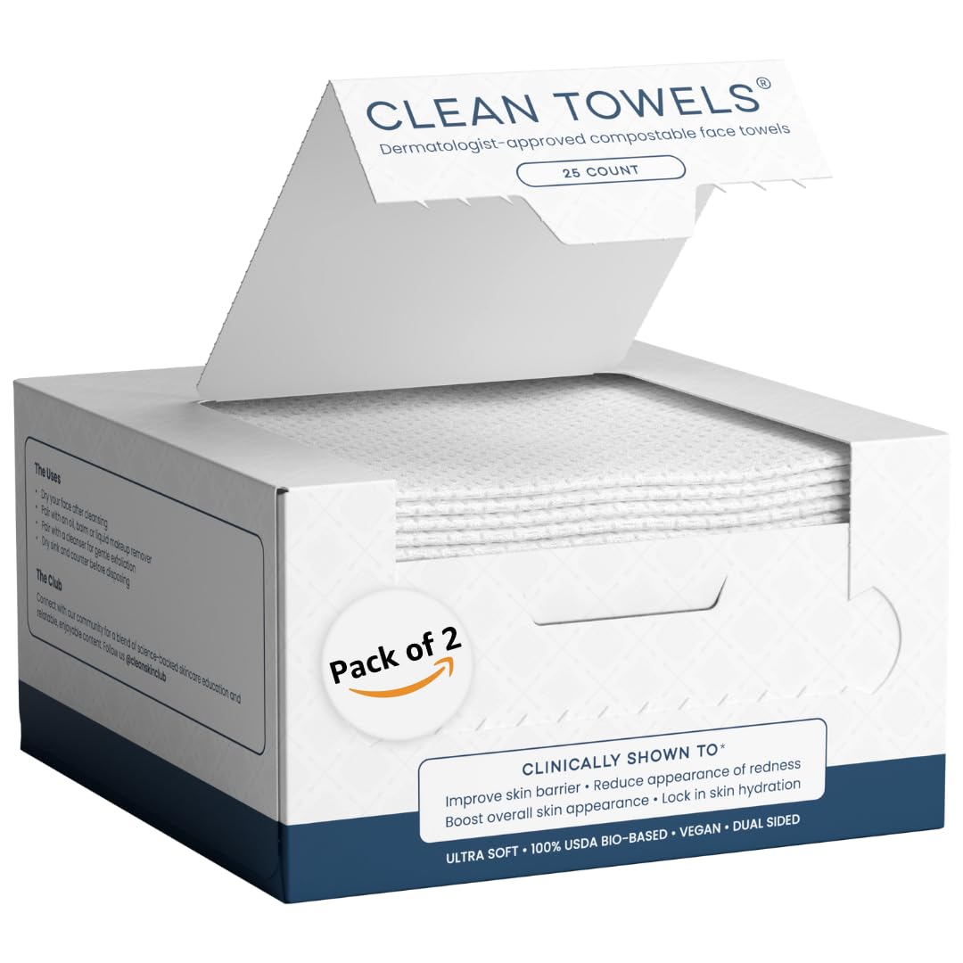 Clean Skin Club Clean Towels®, 100% USDA Biobased Face Towel, Disposable Face Towelette, Eczema Association Accepted, Makeup Remover Dry Wipes, Ultra Soft, 1 Pack, 25 Ct
