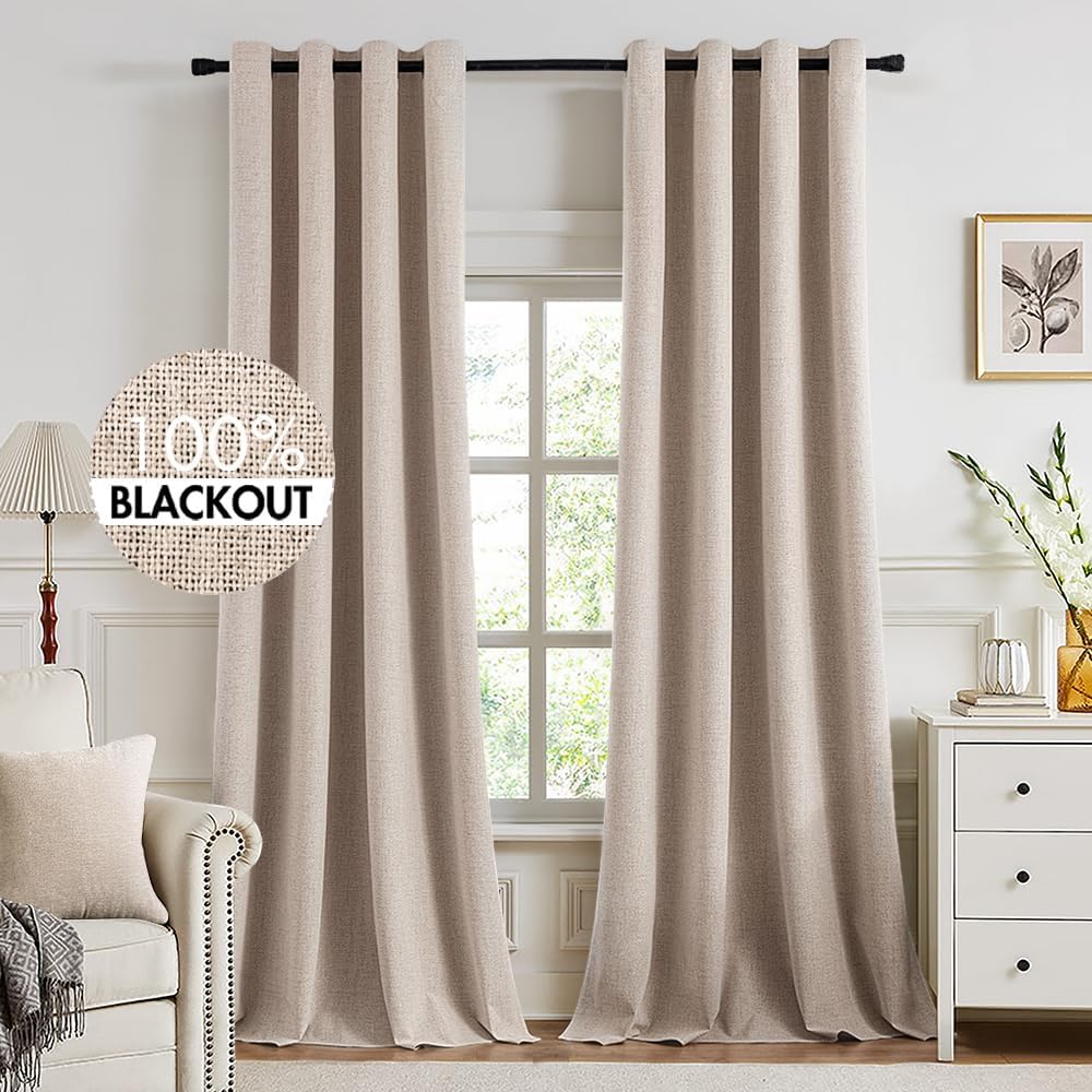 MIULEE 100% Blackout Linen Textured Curtains for Bedroom Solid Thermal Insulated Natural Beige Grommet Room Darkening Curtains & Drapes Luxury Decor for Living Room Nursery 52 x 84 Inch (2 Panels)